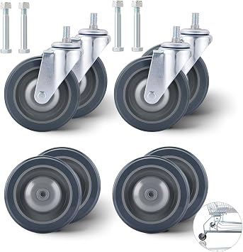 MAOPINER 8 Pack 5" Shopping Cart Wheels, PU Casters with Axle Bolts, Grey | Replacement Wheel Kit with 4 Threaded and 4 Stemless Casters for Grocery Carts, Retail Carts and Supermarket Equipment