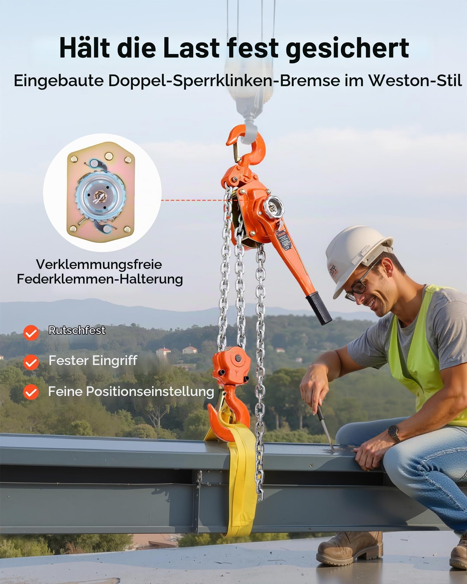 VEVOR Hebelzug, 6 T Kapazität, Handkettenzug, 6 m Hub, Hebezug G80-Legierungsstahlkette mit mechanischer Doppelsperrklinkenbremse, Ratschenzug 360° drehbare Haken, für Lagerhaus, Bau, Garage