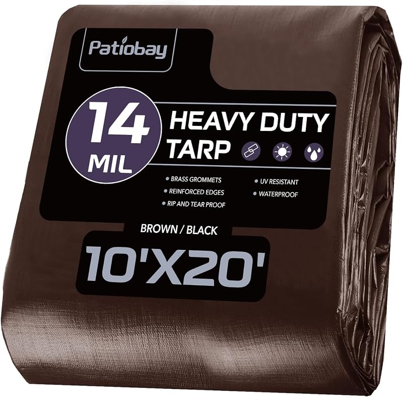 Large Tarp 10x20 FT Heavy Duty Waterproof 14 Mil Brown | Thick Plastic Tarp, UV Resistant, Grommets Every 23.6", Tear & Fade Resistant, Reinforced Edges for Outdoor Pool, Camp & Tent