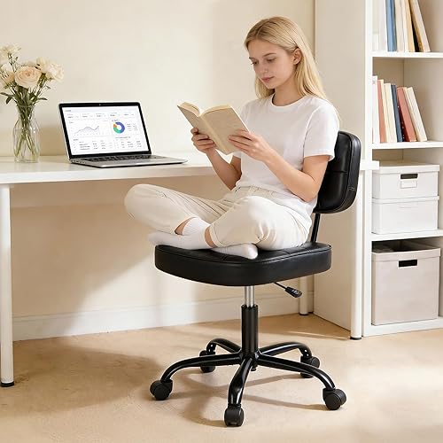 Miniatura 3 de DUMOS Silla de escritorio de oficina en casa, silla ergonómica de piel sintética sin brazos, con cómodo soporte lumbar y altura ajustable, tocador,