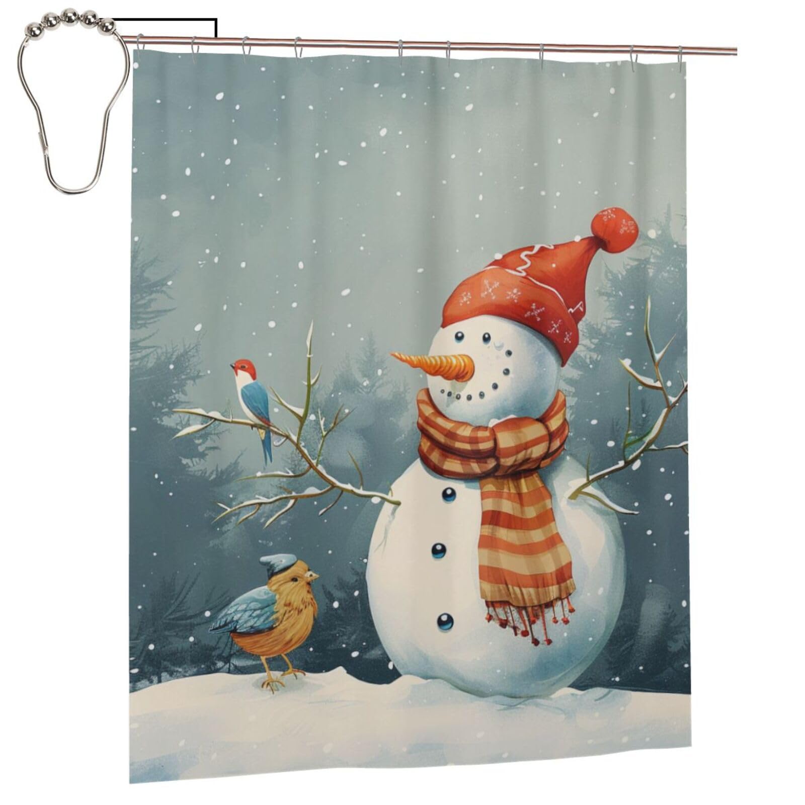 BWWHCCTI Merry Christmas Bird Printed Shower Curtain With 12 Iron Hooks Opaque Quick Drying Waterproof Shower Curtains Sets For Bathroom 152x183 Cm