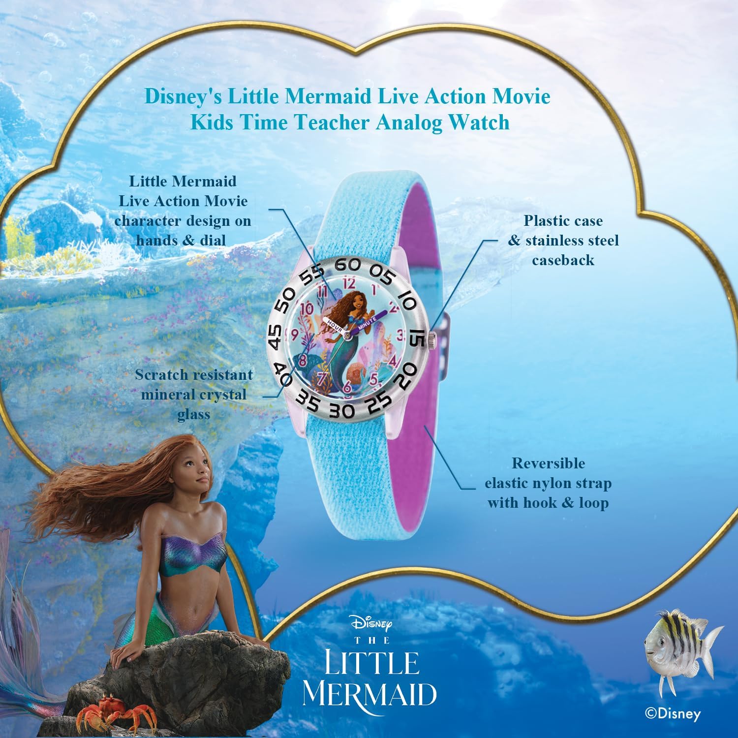 Disney Little Mermaid Watch for Girls Ages 4–7 Featuring Ariel Princess Gift for Kids Learning to Tell Time – Character Dial, Clear Bezel with Black Numbers, Blue Nylon Strap with Velcro