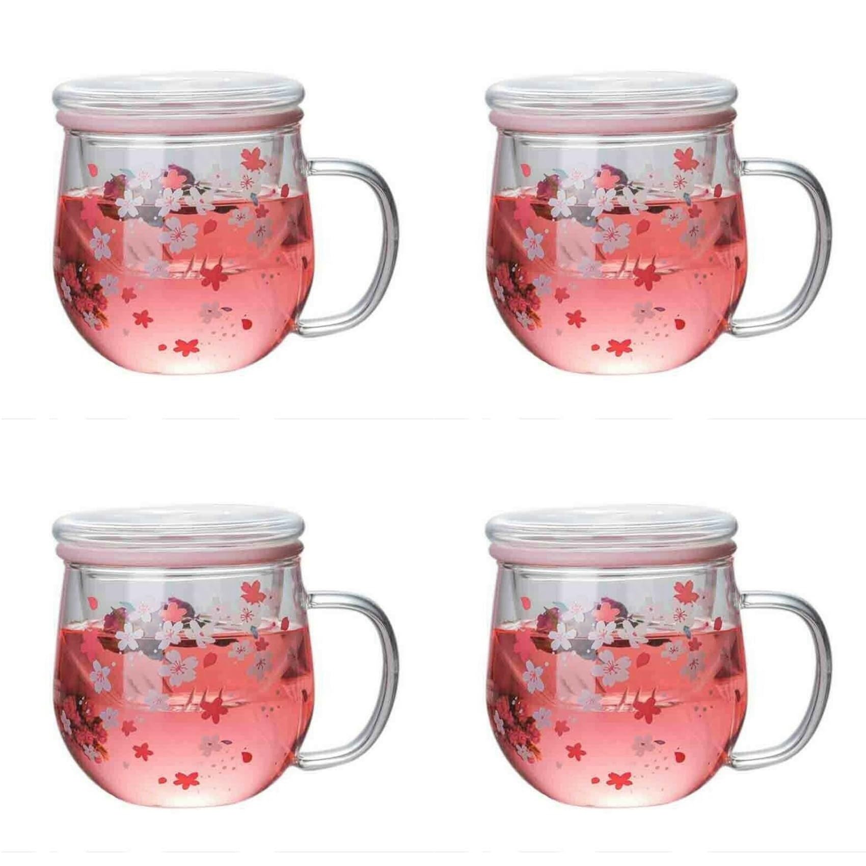 Hndhbfgrt 4X Mug Glass Mug with Tea Infuser Filter&Lid Cherry Blossoms Cup Set Blossoms Flower Teacup 300Ml