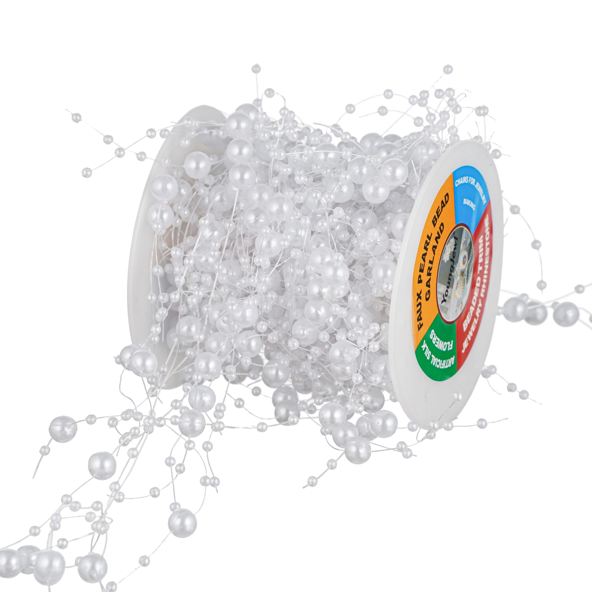 YoungJewl 13Feet Pearl String Spool Roll for Floating Candles Faux Pearls Strands Garland for Vase Filler Wedding Centerpiece Christmas Table Decor (White)
