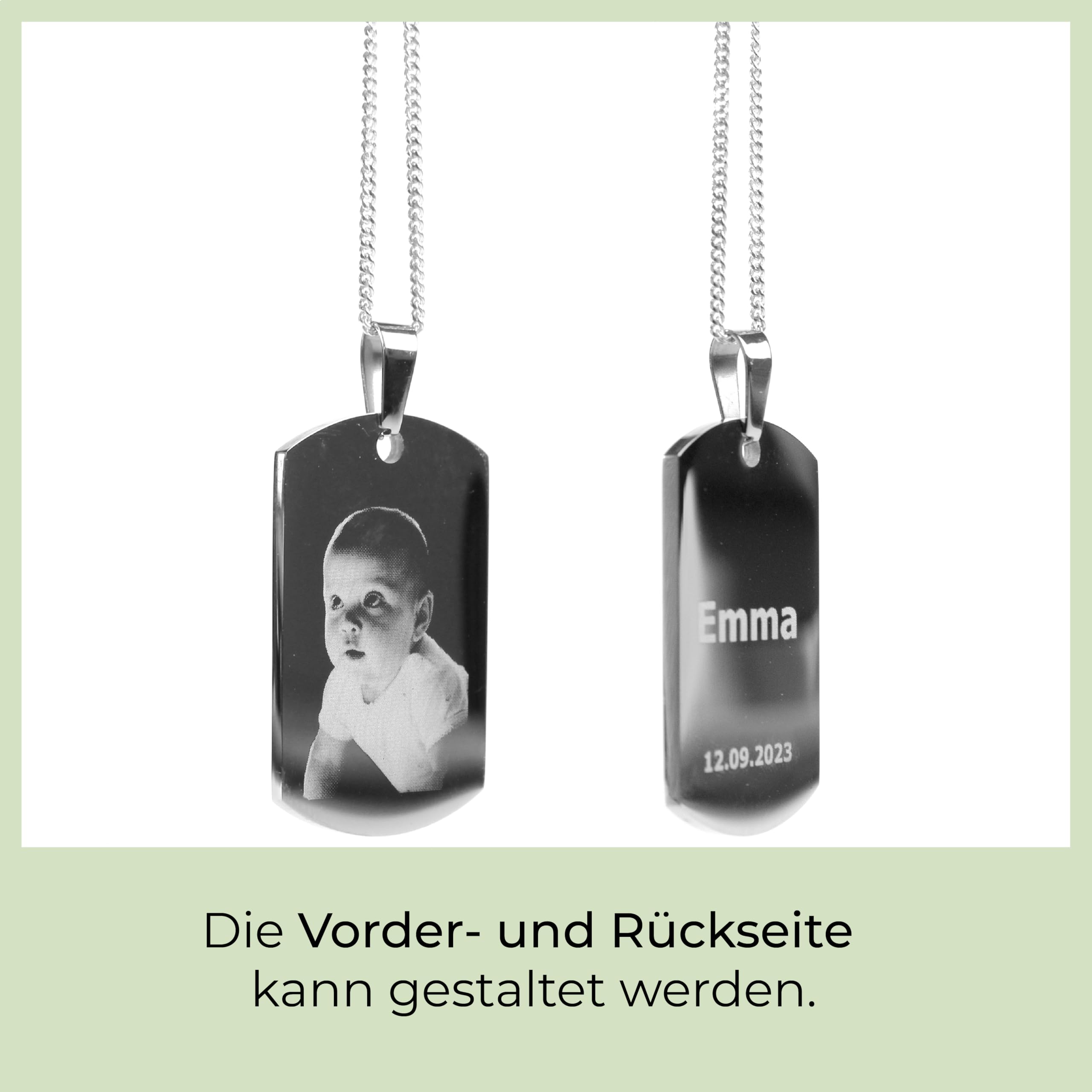 Dog-Tag Kette mit Foto-Gravur I Ihr Bild + Text gravieren I Personalisierter Ketten-Anhänger mit Kugelkette