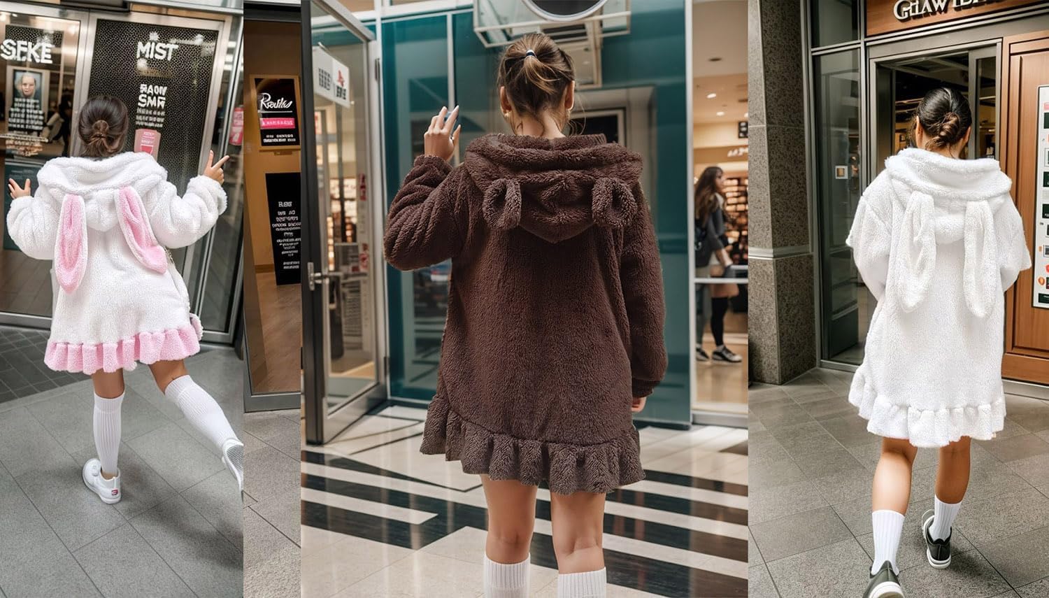 YUNZLAN Kawaii Warm Fluffy Fuzzy Bunny Or Bear Ear Hoodie Sweater Jacket Tops,Sweet Plush Hooded Sweatshirt Coat - Image 5