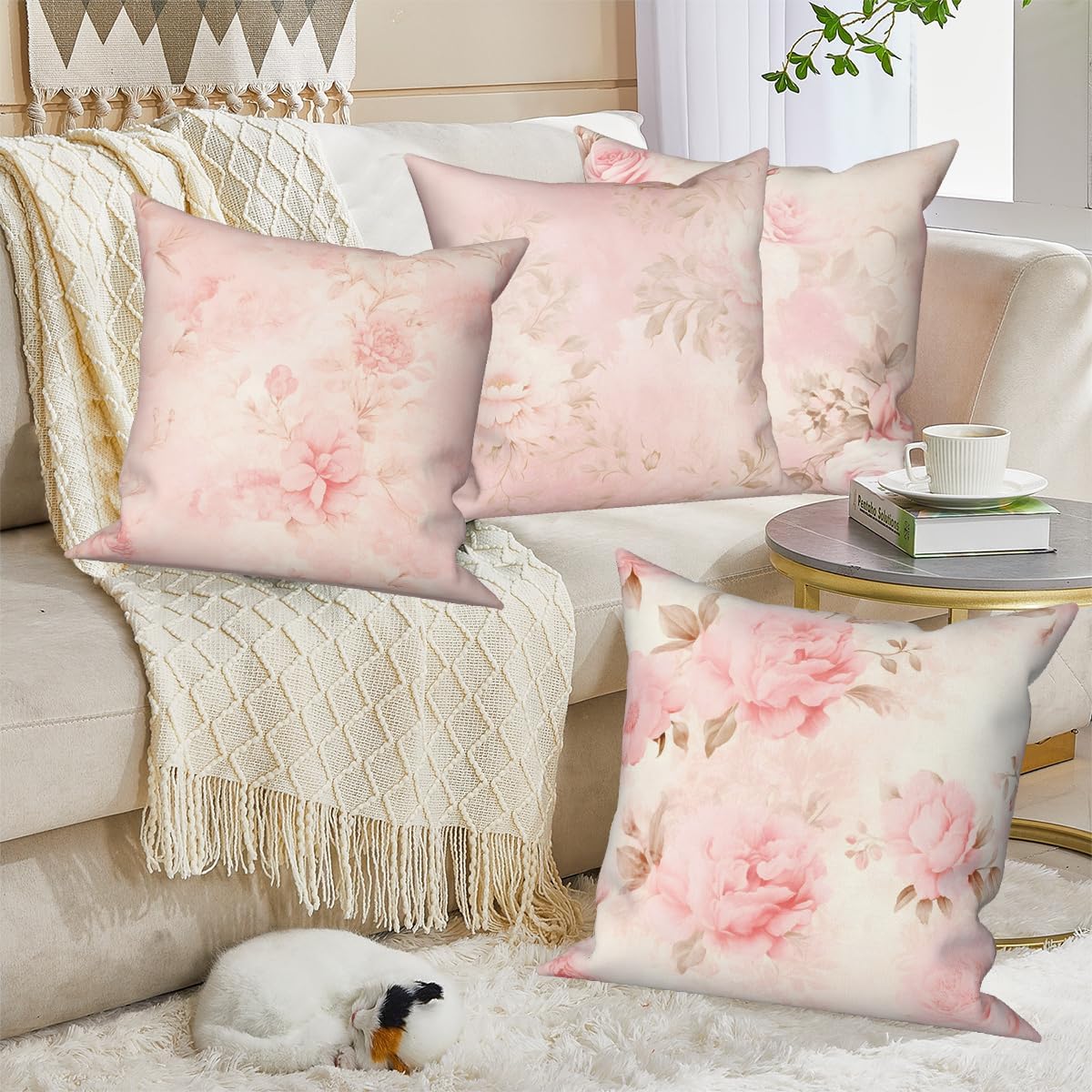 Pink Flower Throw Pillow Covers 18''x18'' Set of 4, Decorative Floral Cushion Covers Vintage Printed Botanical Pillowcases for Couch Sofa Bedroom Farmhouse Livingroom Garden Patio Car
