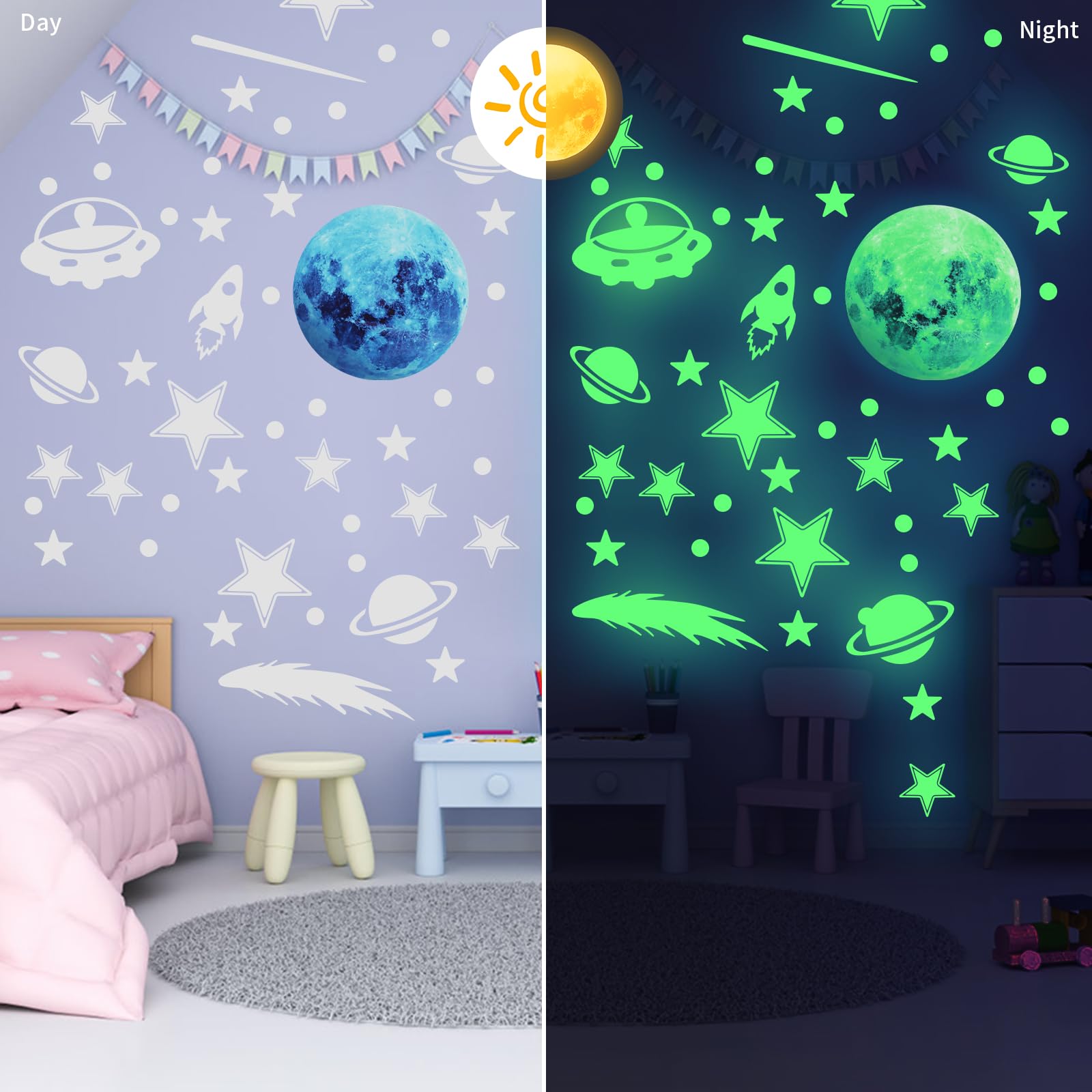 Sinekong Stelle Fluorescenti Adesive Soffitto Adesivi da Parete Fluorescenti Stelle Astronauta Pianeta Stickers Murali Bambini Stelline Luminose per la Camera da Cameretta Ragazzi Ragazze Verde