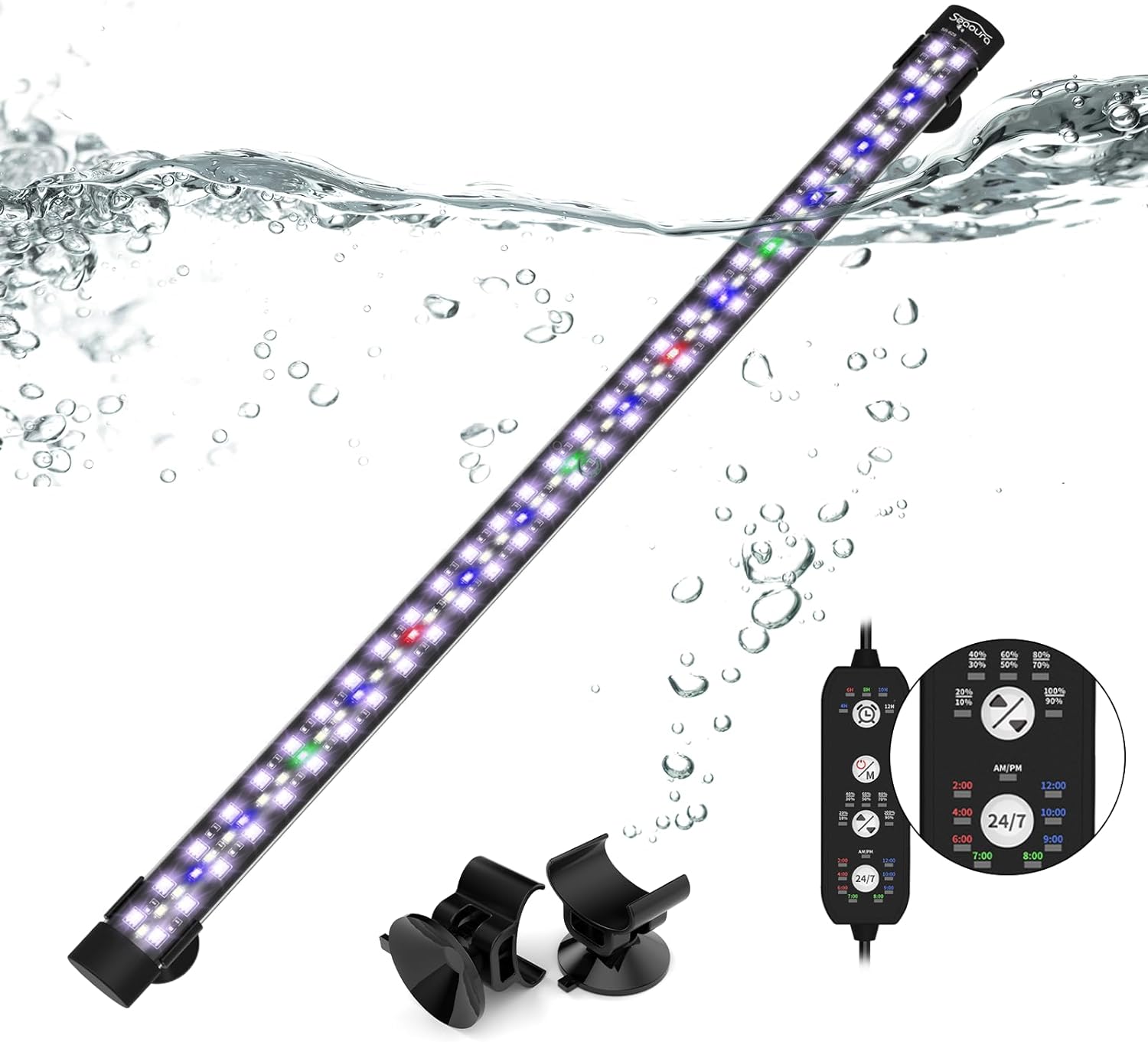 Submersible Aquarium Light for Fish Tanks, 24/7 Cycle Light with Timer, Full Spectrum+7 Single Colors, Auto On/Off, Adjustable Brightness (22.8 Inch for 24-43inch Tanks)