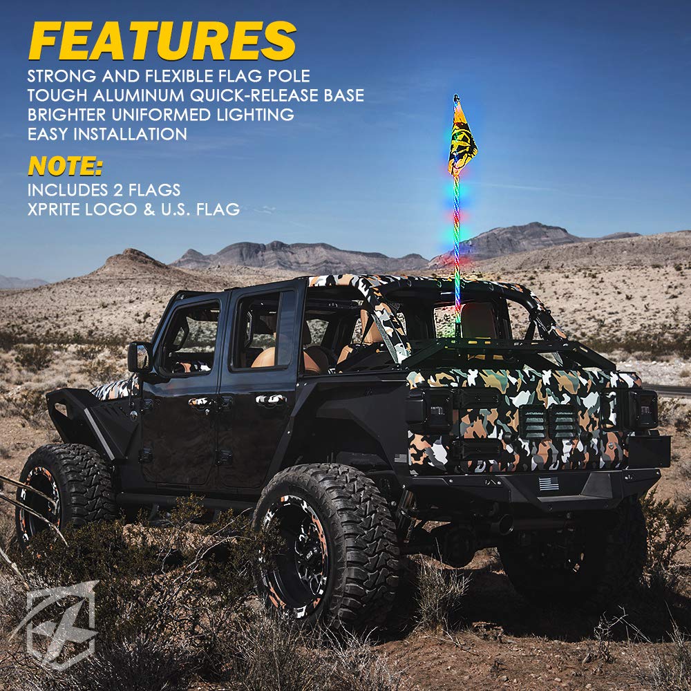 Xprite 5FT Spiral LED Whip Lights Flag Pole with Remote Control for UTV ATV Truck Polaris RZR XP 1000 Can am Maverick X3 Side by Side Quad Dune Buggy
