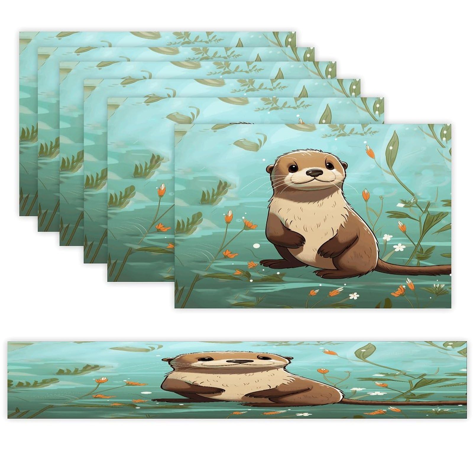 Cartoon Cute Otter Table Runner and Placemats Set of 6 for Kitchen Washable Table Mats Heat Resistant Place Mats Non-Slip Place Mat Wipeable Placemat(6 Placemats+1 Table Runner)