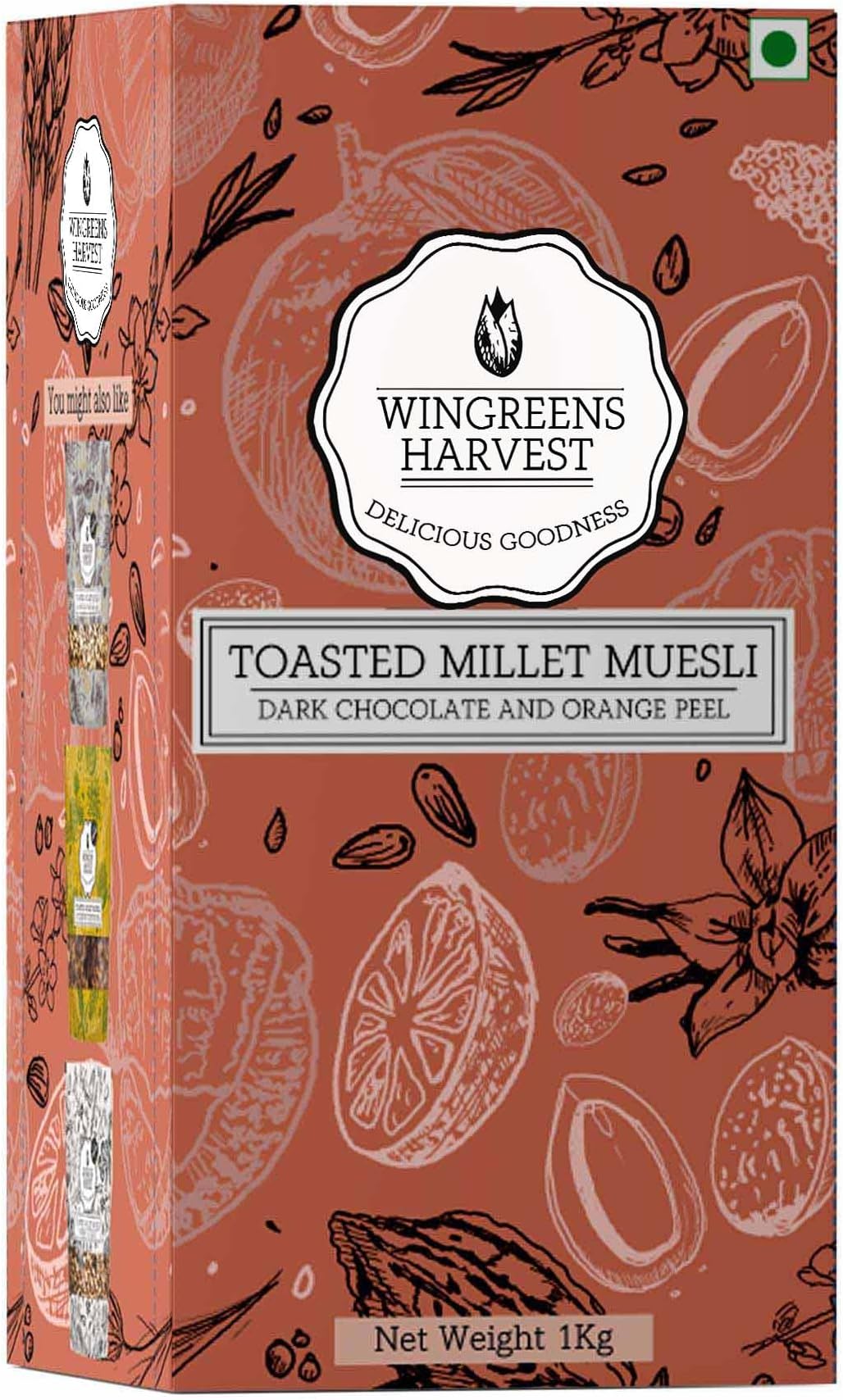 Wingreens Harvest Toasted Millet Muesli 1Kg, Dark Chocolate & Orange Peel, Natural, Breakfast Cereal, Healthy Gluten-Free With Whole Grains, Dried Fruits, Nuts And Seeds, Saver Pack