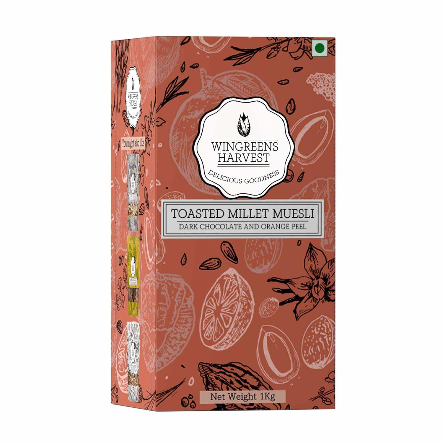 MONSOON HARVEST Wingreens Harvest Toasted Millet Muesli 1Kg, Dark Chocolate & Orange Peel, Natural, Breakfast Cereal, Healthy Gluten-Free With Whole Grains, Dried Fruits, Nuts And Seeds, Saver Pack