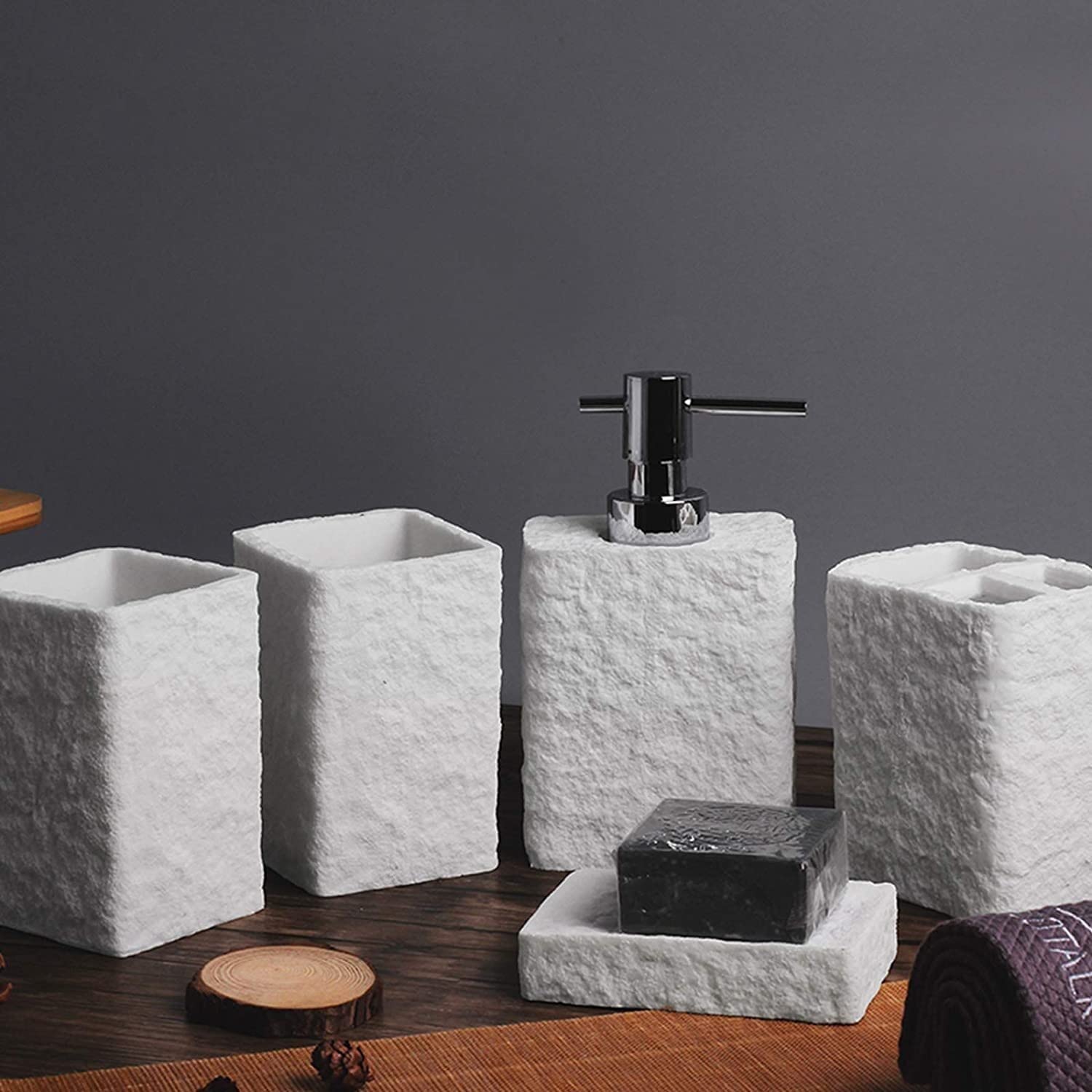 Juego de accesorios baño kit Conjunto De Accesorios De Baño, Tocador De Baño De Piedra Arenisca Y Resina, Decoración De Encimera, Adorno Creativo Para Regalo Conjunto baño set para el baño(Dight Gray,