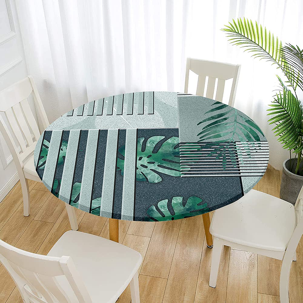 FANSU Round Tablecloth Waterproof Wipe Clean, Flower Circular Tablecloths Fitted Elastic Edged, Stain Resistant Polyester Table Cover for Dinning Kitchen Picnic Party (Monstera,Diameter 90cm)