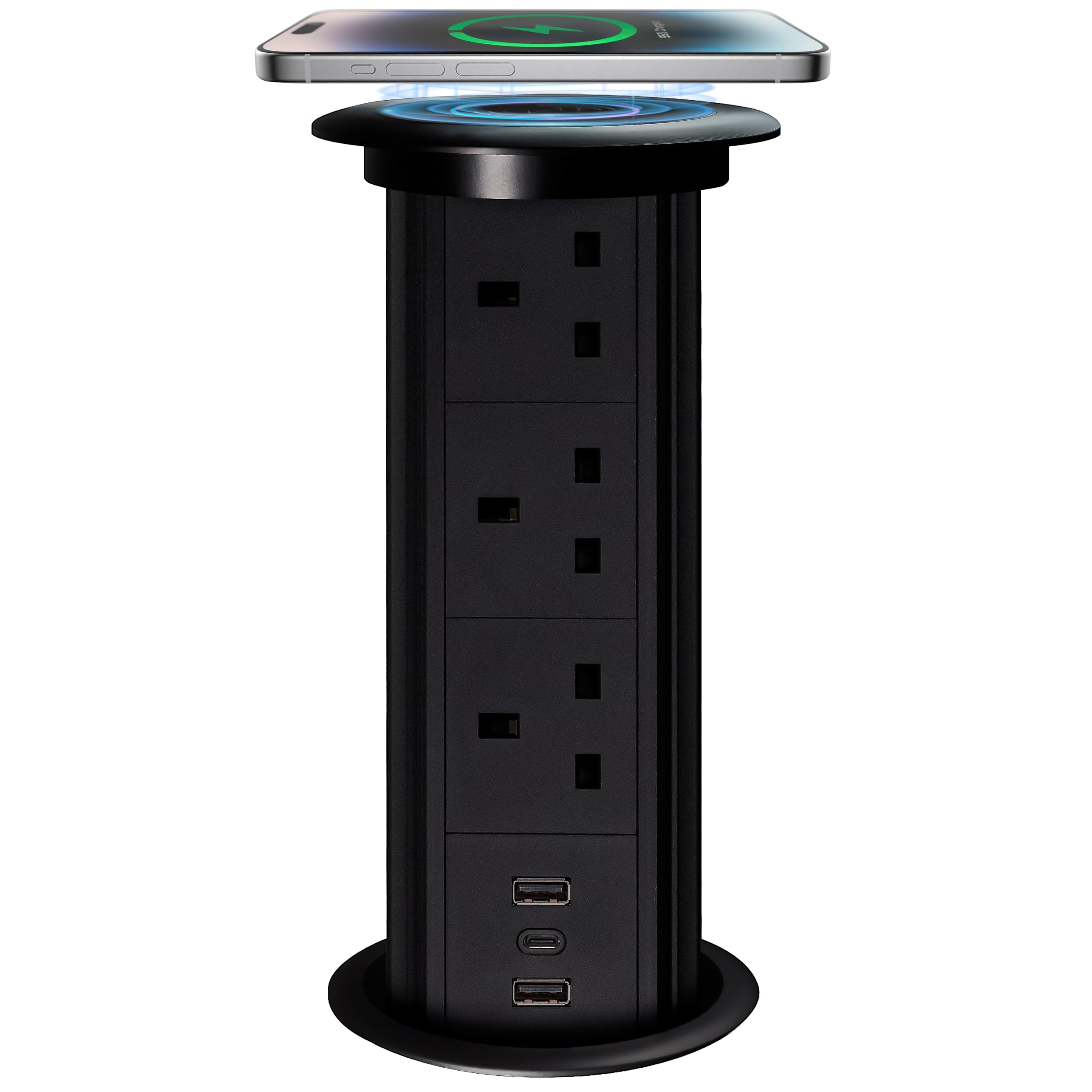 VorsprungAutomatic Retractable Pop Up Power Sockets | 3x 3 pin UK Plugs | 1x USB C | 2x USB A | Qi Charging iPads, All Phones | Surge Protection | Fast Charger | Wireless Charging (Black)