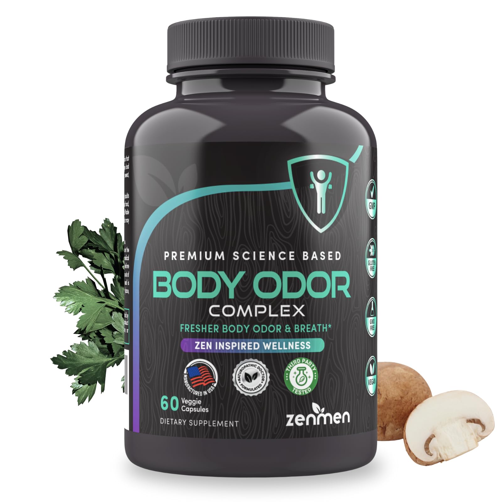 Zenmen Naturally Body Deodorizing Supplement - Body Odor Eliminator Pills - Internal Deodorant for Underarms, Intimate Areas, and Private Parts - 60 Vegan Capsules. Made in The USA