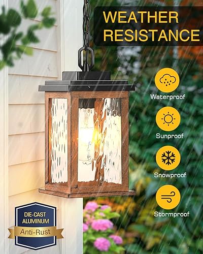 Miniatura 3 de VIANIS Lámparas colgantes para exteriores, linternas colgantes de grano de madera, luces de techo al aire libre para porche con impermeable, luces