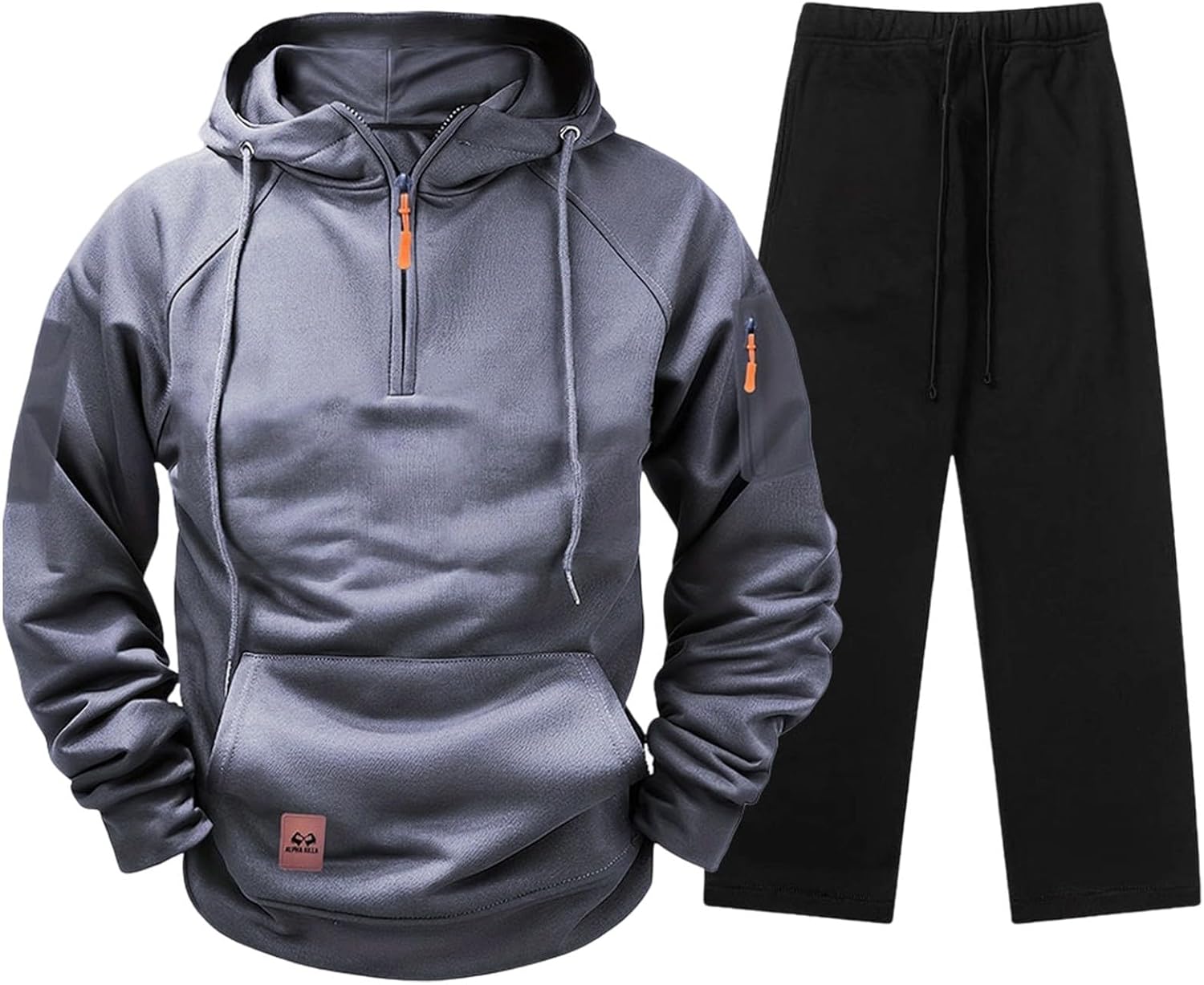 Men's Half Zip Pocket Hoodie Set Khaki Urban Casual Tracksuit