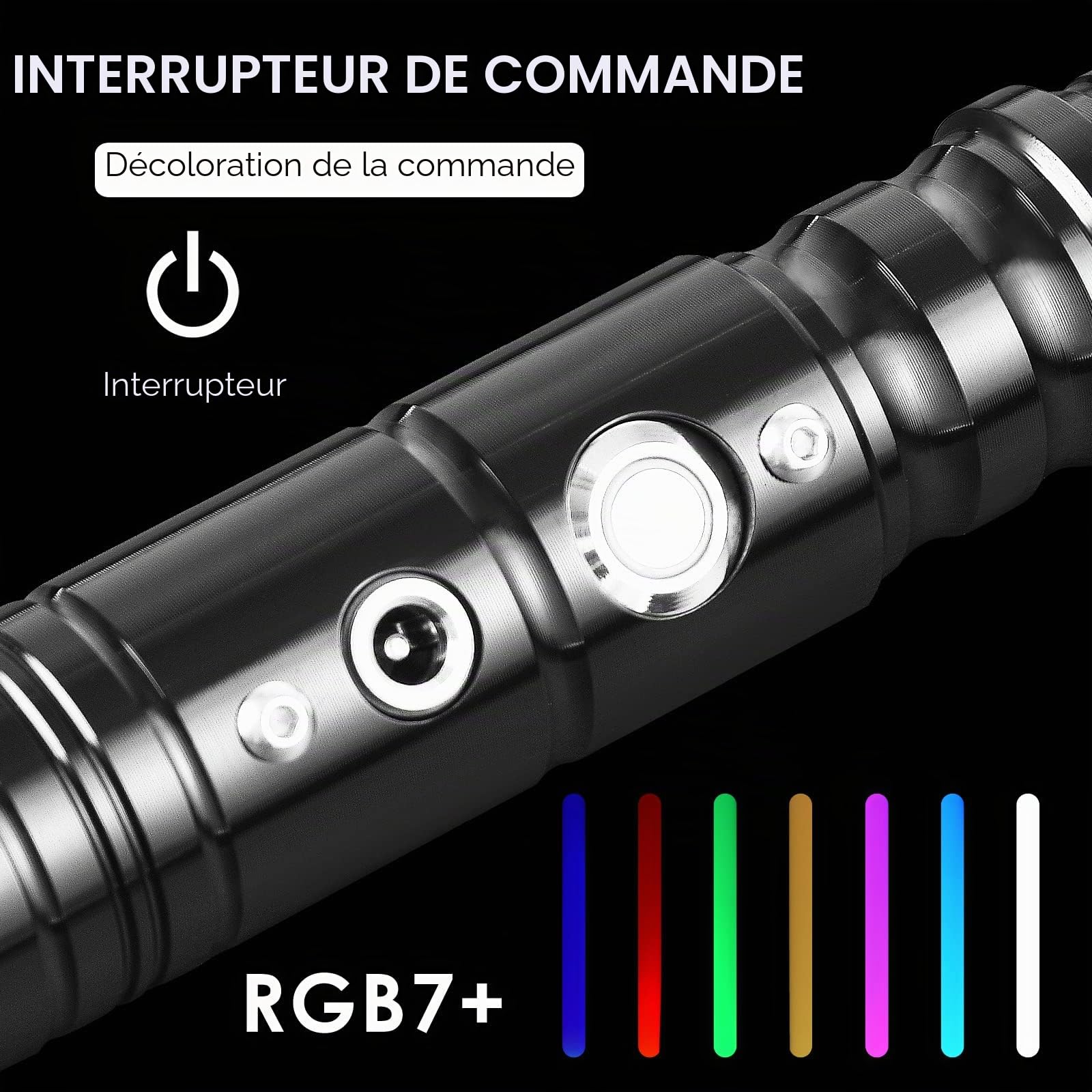 Sabre laser avec effet sonore RGB 7 couleurs Épée lumineuse FX interchangeable 63 cm de long Rechargeable Épée lumineuse portable Épée jouet avec poignée en métal pour enfants, adultes, déguisement