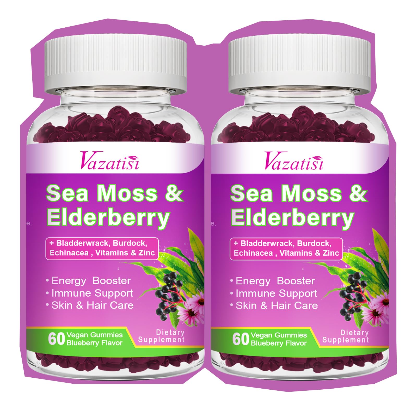 2 Pack Elderberry Gummies with Sea Moss, Extra Strength Elderberry with Vitamin C, Zinc for Immune Support for Adults, Kids, Women & Men, Blueberry Flavor 120Cts