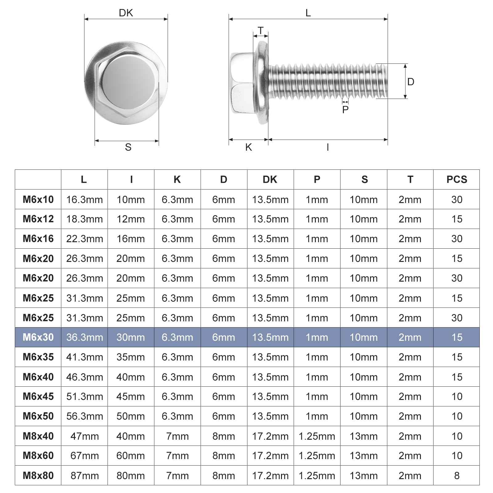 Nuts OT nuts 15 PCS M6 Bolts Silver M6x30mm 304 Stainless Steel Bolts Hex Serrated Flange Bolt Screws Hex Flange Bolt Serrated Flange Anti-Loosening for Machine Tools Furniture Assembly DIY - Image 2