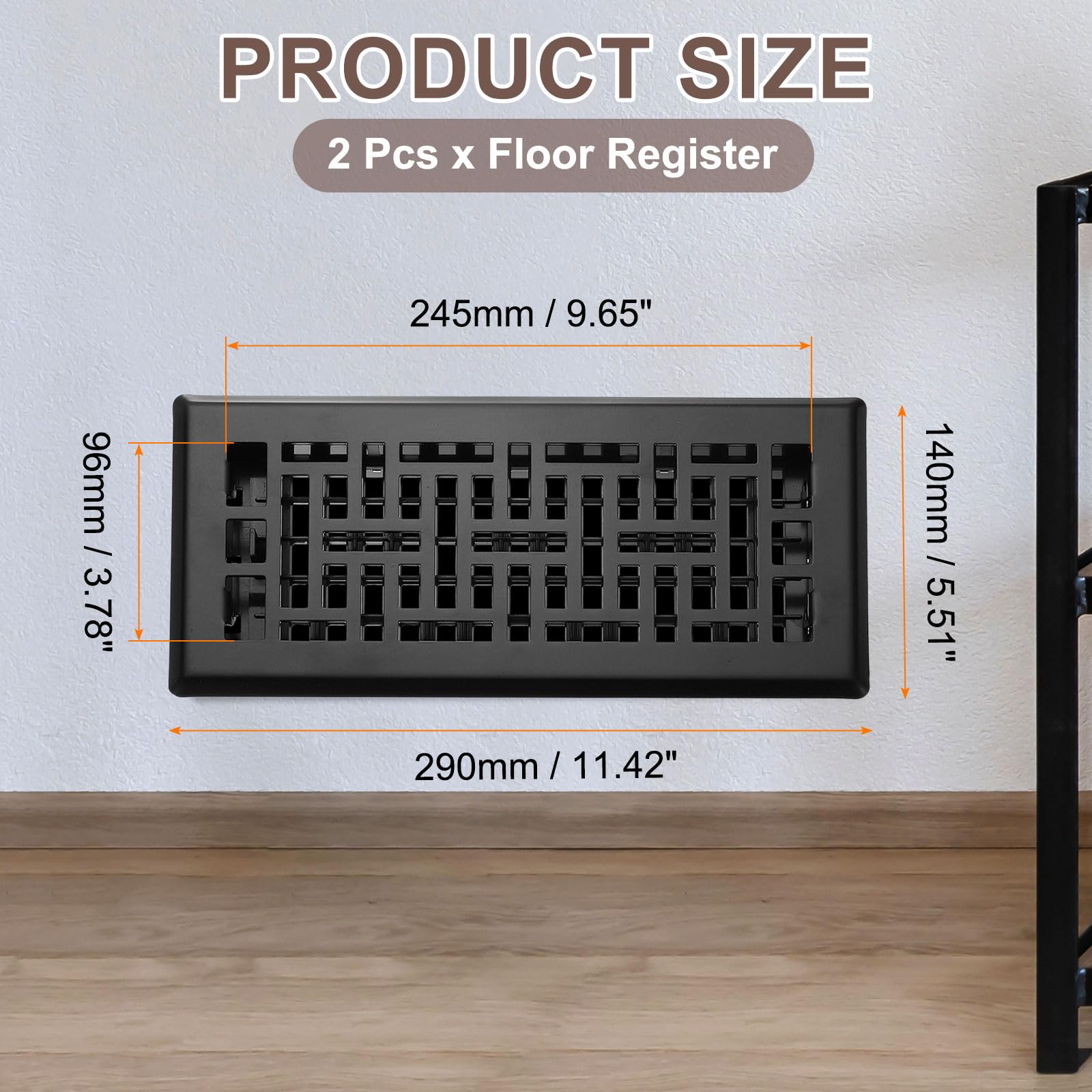 QUARKZMAN 2 Stück 4" x 10" Bodenluftgitter Hochwertiger Kohlenstoffstahl Verstellbare Bodenlüftung Dekorative Lüftungsgitter Für Zuhause Schlafzimmer Küche Schwarz