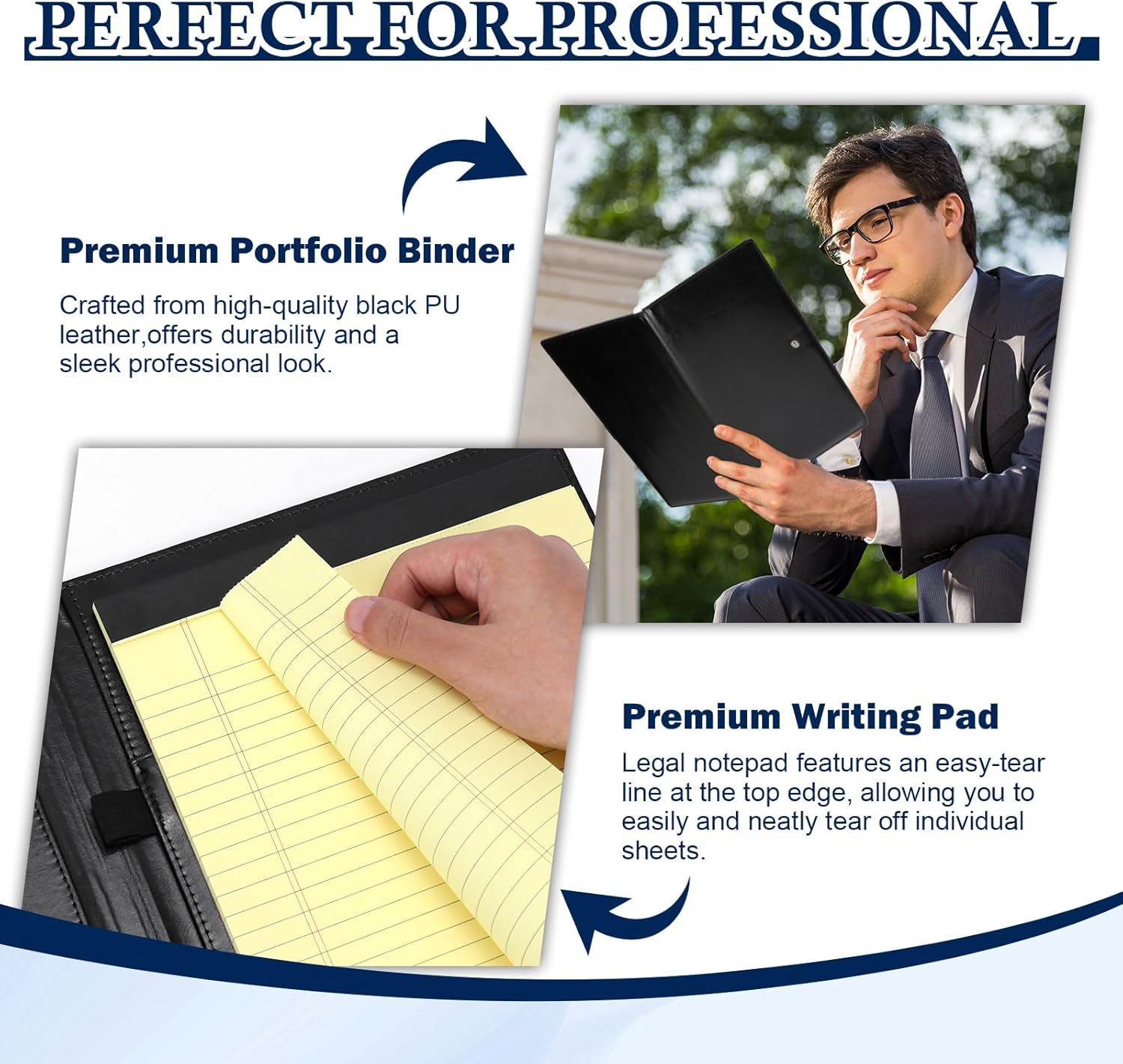 Legal Size Portfolio PU Leather with 8.5 x 14 inch Tearable Legal Pad Holder Leather Portfolio Folder Binder for Interview Attorneys Business