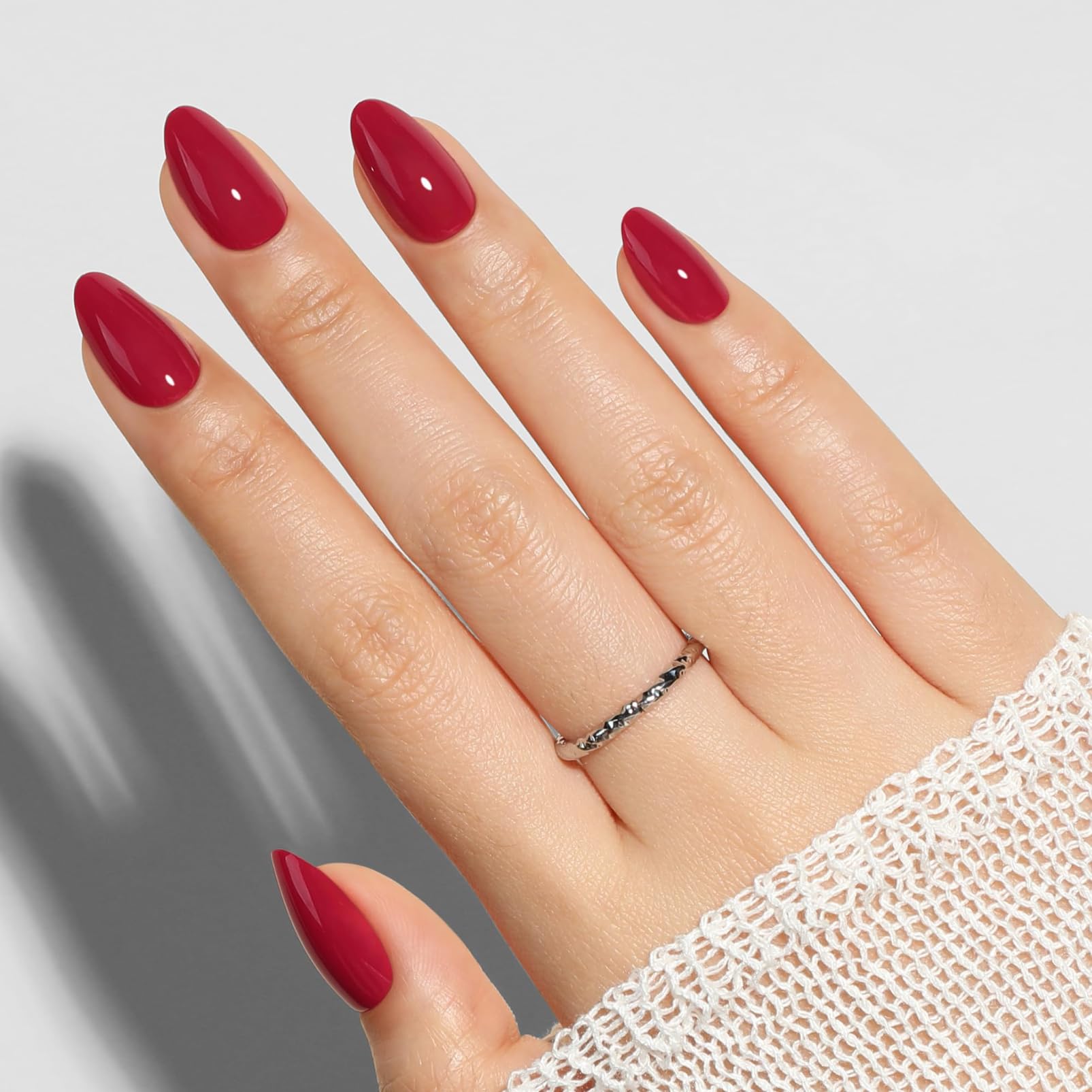 24Pcs Red Press on Nails Glossy Short Almond Fake Nails Wine Red Acrylic False Nails Reusable Full Cover Stick on Nail for Women, 15 Sizes