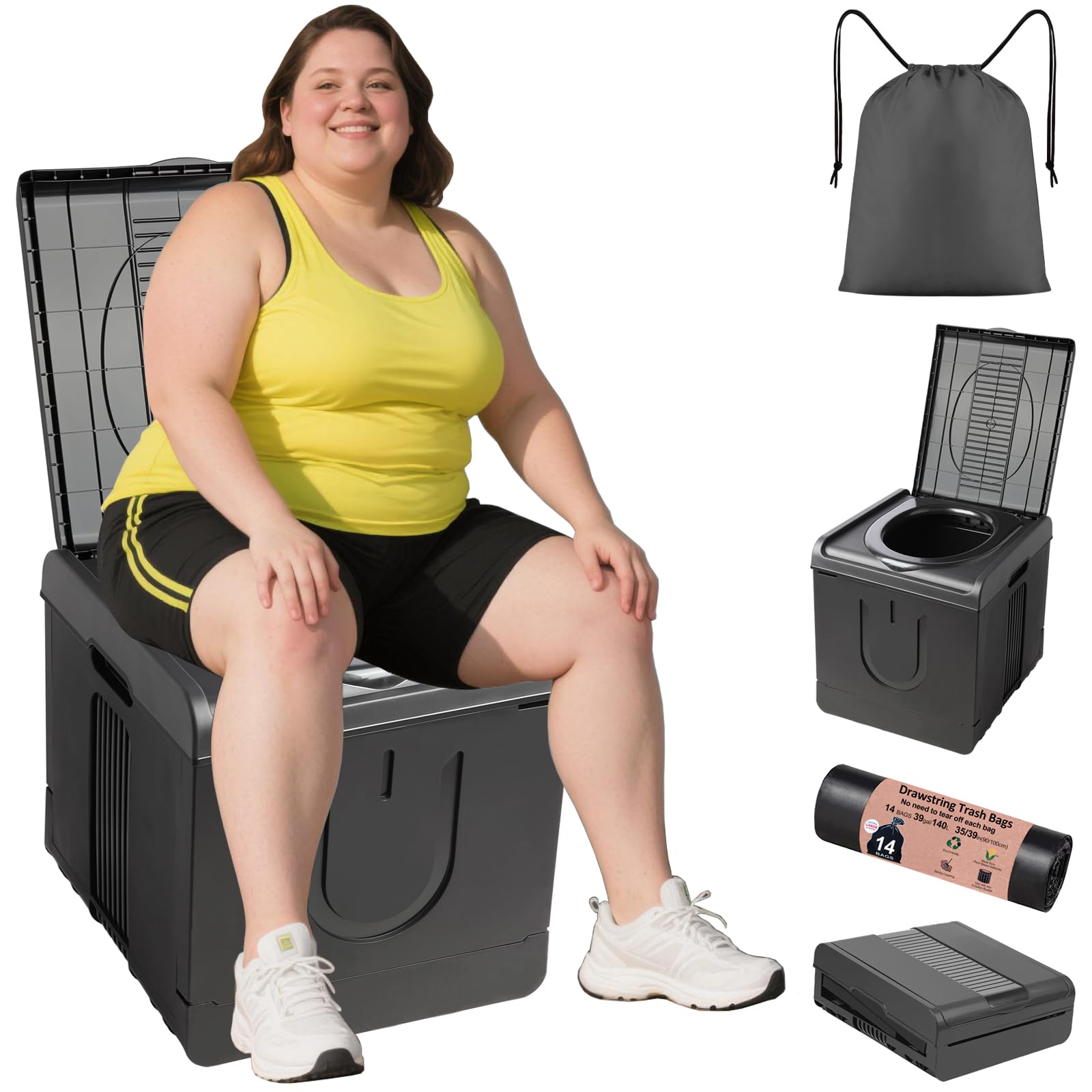 XXL Portable Toilet Camping Toilets for Car Indoor Outdoor Commode Foldable Travel Potty for Camping,Tent,Hiking,Boating,Long Road Trips,Traffic jam,Home,Black