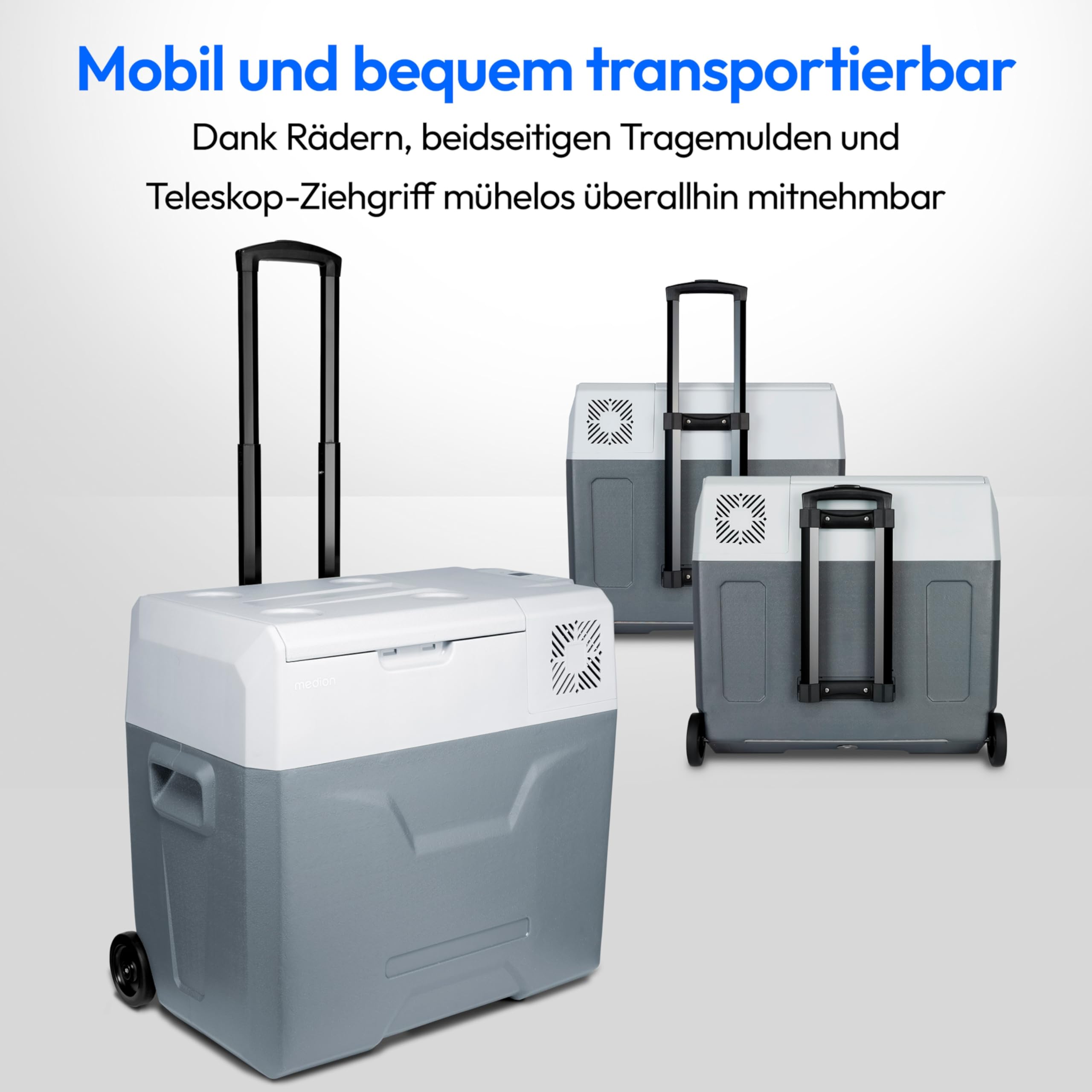 MEDION mobile elektrische Kompressor Kühlbox (50L Kapazität, elektrisch, Mini Kühlschrank & Gefrierbox, USB, 230V 12V 24V KFZ Adapter, für Auto LKW Wohnwagen Camping Boot Garten Festival, MD13112)