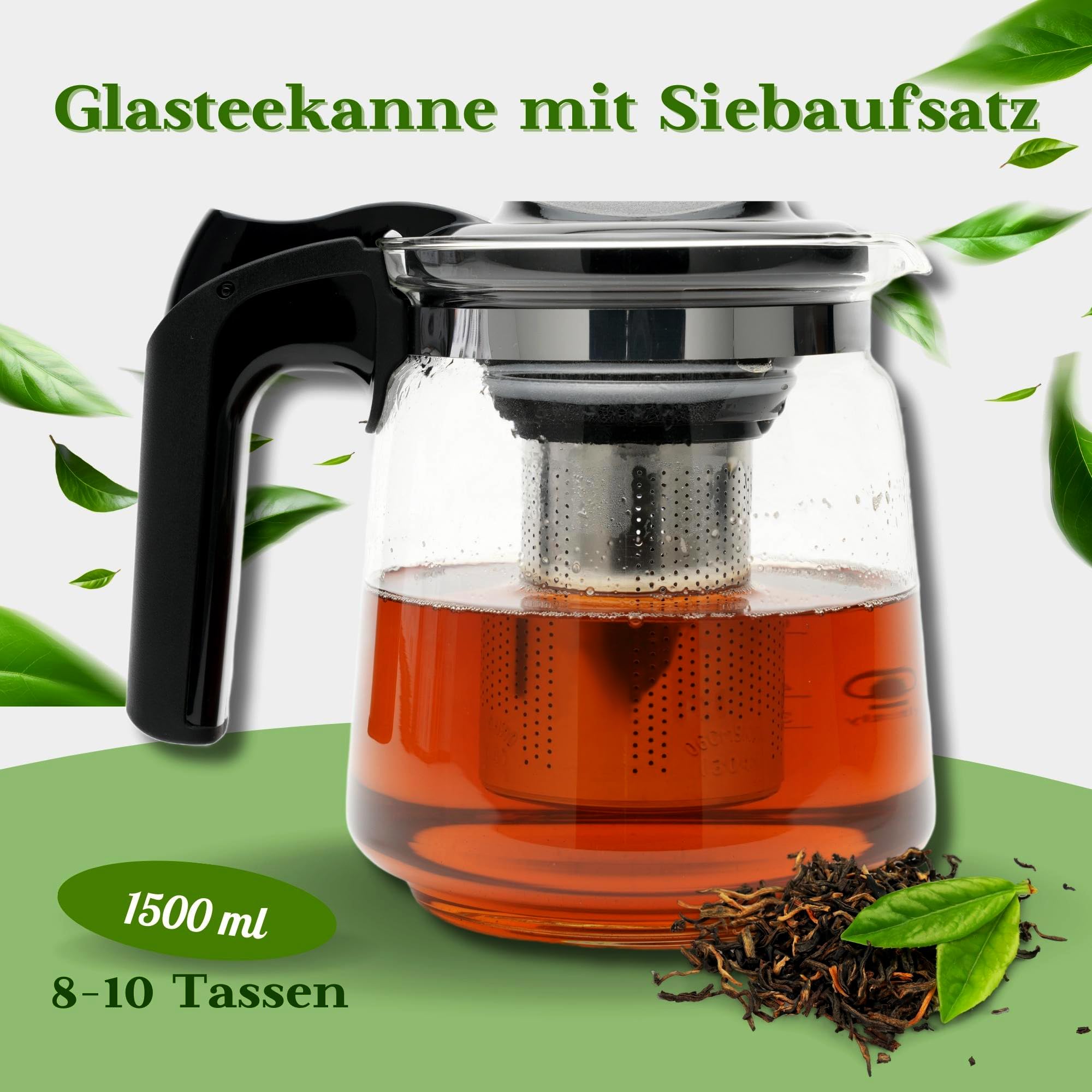 Szklany dzbanek do herbaty premium – odporny na wysokie temperatury dzbanek szklany z pokrywką, dzbanek do herbaty z sitkiem, dzbanek do kawy z filtrem ze stali nierdzewnej, z sitkiem,