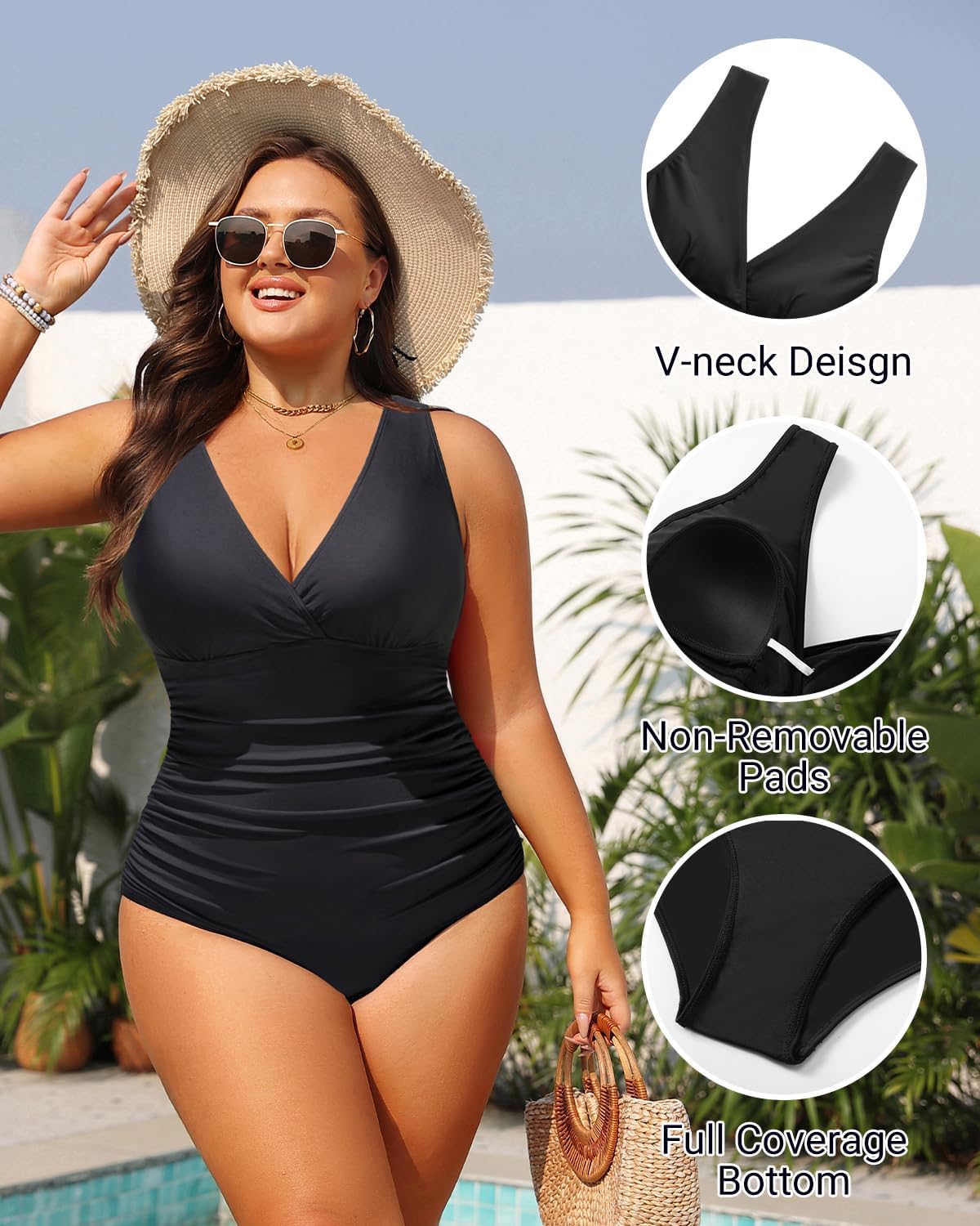 Aqua Eve Women Plus Size One Piece Swimsuits Tummy Control Bathing Suits V Neck Ruched Swimwear - Image 6