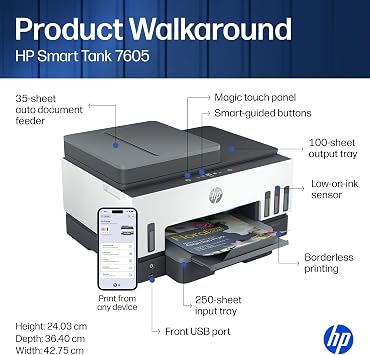 HP Smart Tank 7605 All in One Printer | Perfect for Home | Colour | Wireless, Ethernet | Print, Scan, Copy, Fax | Refillable, Includes up to 3 Years of Ink | 2-Sided Printing | Document Feeder