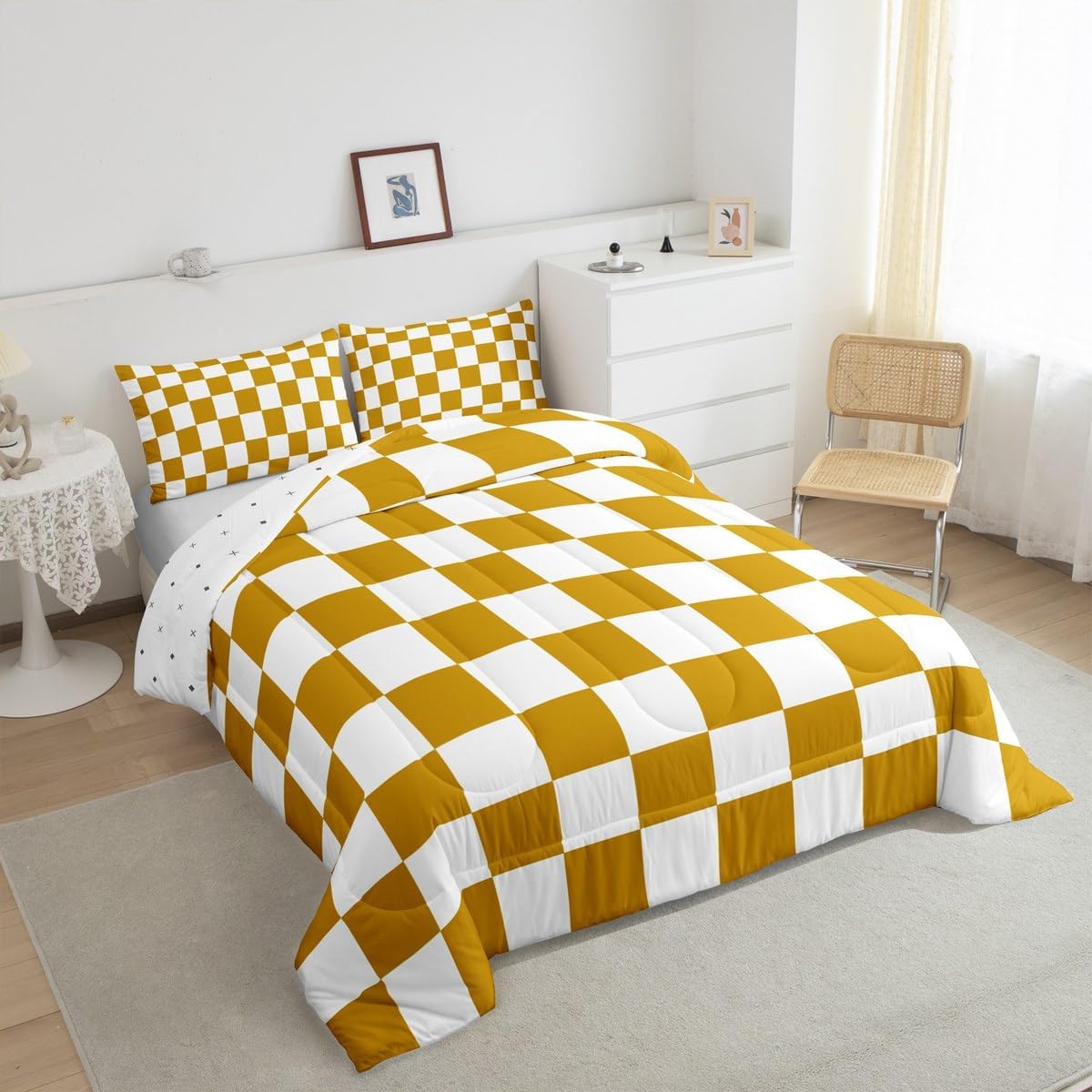 Feelyou Checkered Bedding Set Teen Women Men Yellow White Plaid Decoration Comforter Set Twin Size Kids Boys Girls Cute Retro Neutral Grid Geometric Duvet Insert Vintage Aesthetic Room Decor