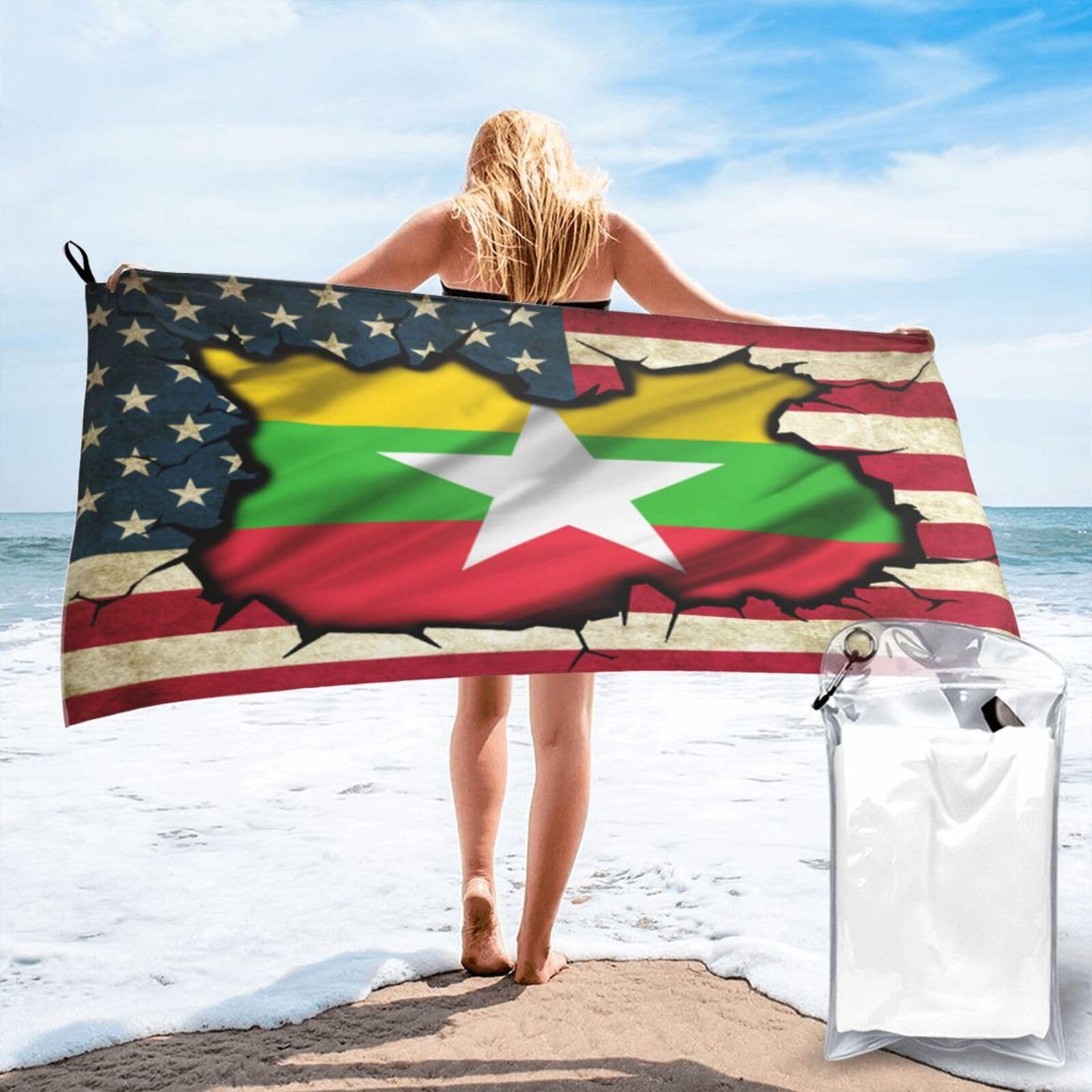 HACXZ Vintage America Flag and Myanmar Myanmarese Flag Absorbent Beach Towel Microfiber Beach Towel Lightweight 31.5"X63"