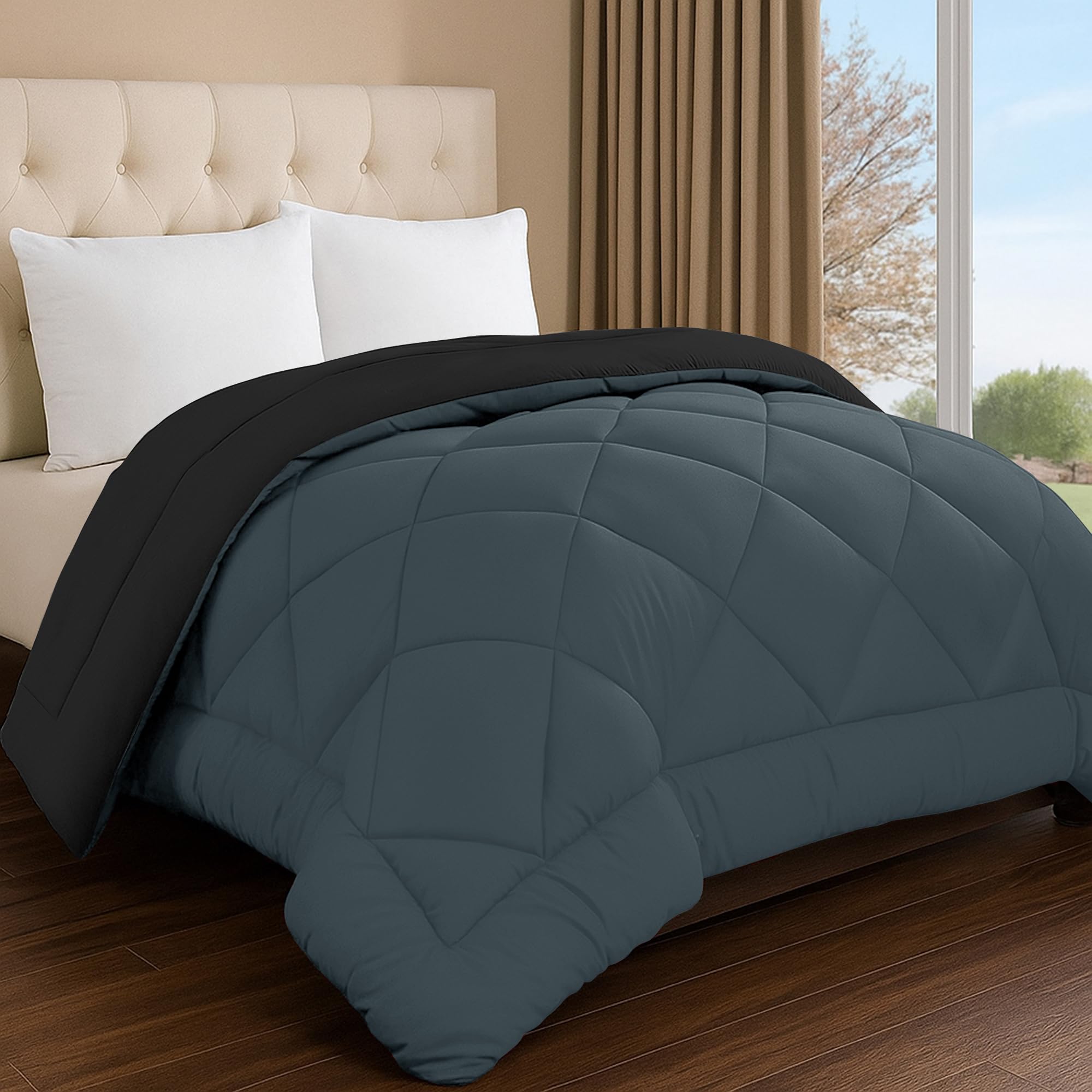 Story@Home Reversible AC Comforter 220 GSM Lightweight Microfiber Summer Blanket for Double Bed (90x100 Inches) | Soft Cooling Quilt, Breathable All Season Duvet for AC Room - Black & Grey-image-34