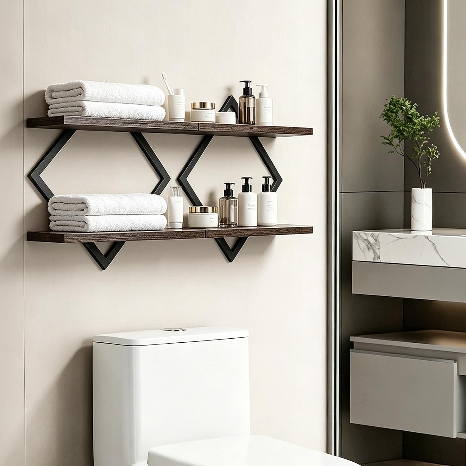 Geometric Floating Shelves Set of 2, Wood Wall Mounted Storage Rack, 22lb Capacity Modern Display Shelves for Living Room, Bedroom, Kitchen, Office, Heavy Duty Decor Organizer