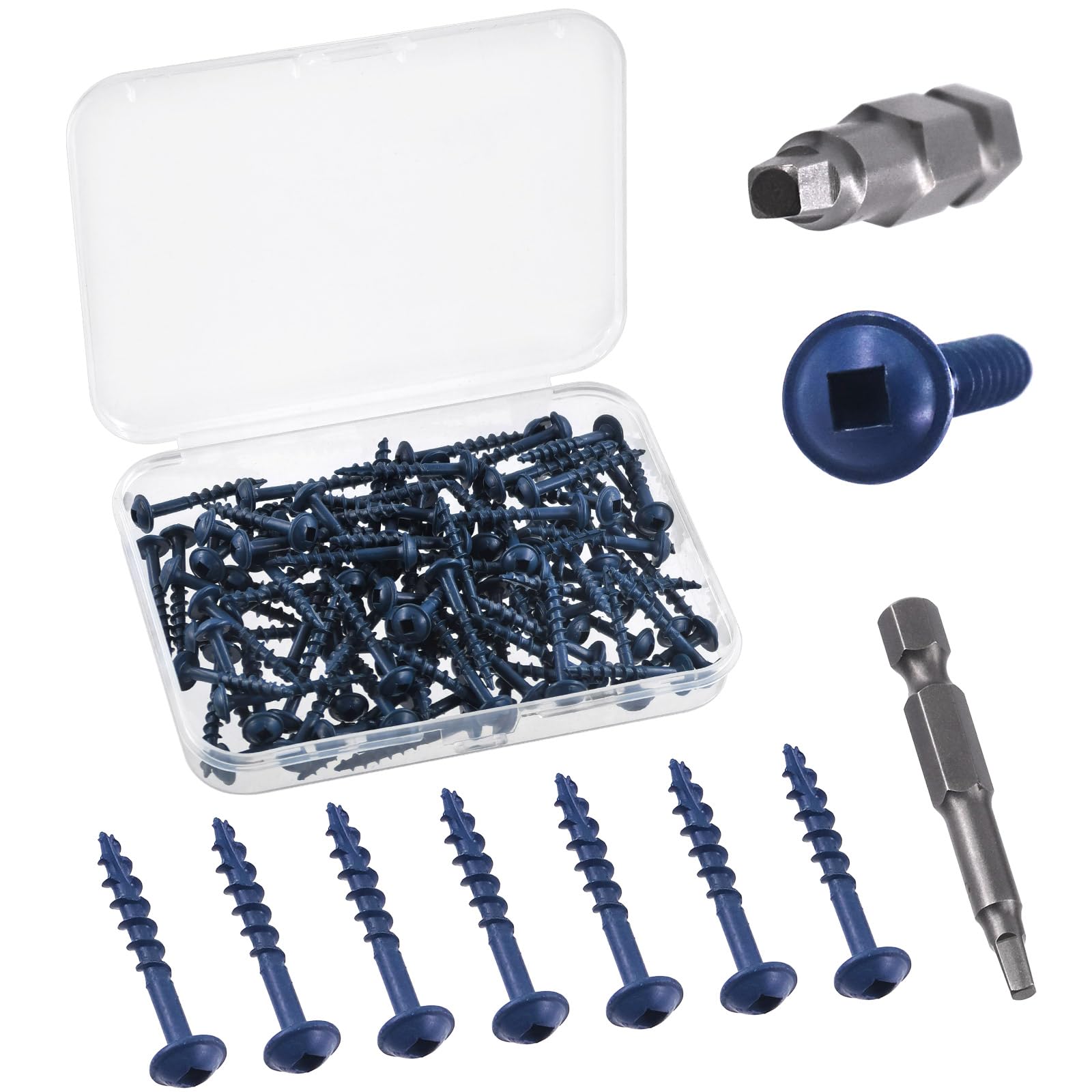 Swpeet 100Pcs # 8 × 1-1/4" Pocket Hole Screws with 1Pc Drive Bit Assortment Kit, Coarse Thread Wood Screws, Self Tapping, Square Drive, Blue Coated Pocket Hole Screws