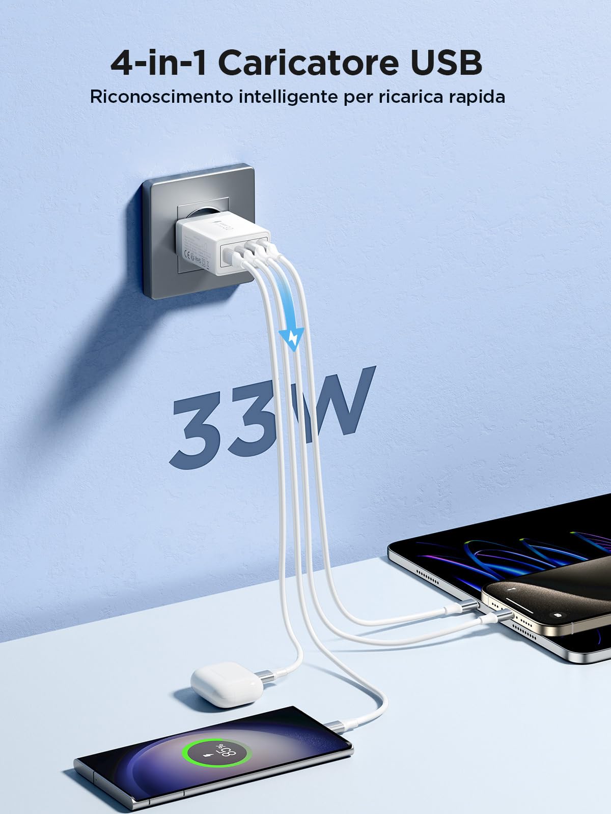 Caricatore USB, 4 Porte Caricatore USB da Muro 33W QC 3.0 Carica Rapida CaricabatterieUSB Multiplo Alimentatore PresaUSB per iPhone 15 14 13 12 11 X, Samsung Galaxy S21 S20 A71 A51, Xiaomi, Huawei