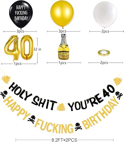 Miniatura 2 de Divertida pancarta de cumpleaños número 40 con texto en inglés Holy Shit Youre 40 Happy Fucking globo de papel de aluminio 40 negro dorado 40