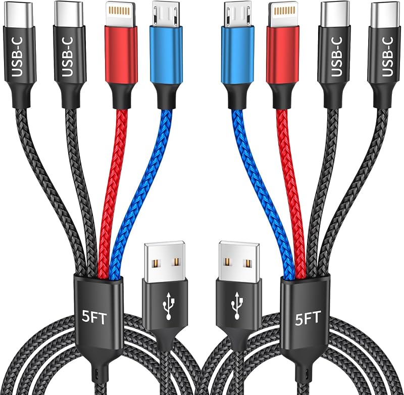 Dual TypeC 4 in 1 Multi Charging Cable, Charging Cords for Multiple Devices | 2Pack 5FT USB Cable, Universal Phone Charger Cord for iPhone17-8/Androids/iPad and More, Travel Essentials Car Accessories