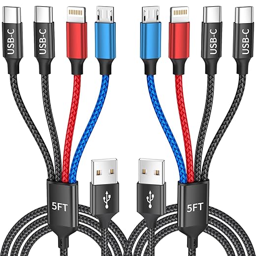 Dual Type-C 4 in 1 Multi Charging Cable for Multiple Devices with 2 USB-C/IP/Micro Port, USB Cable iPhone Charger Cord, Travel Car Charger Cord for iPhone17-8, Galaxy 25 Android iPad, More, 2Pack 5FT