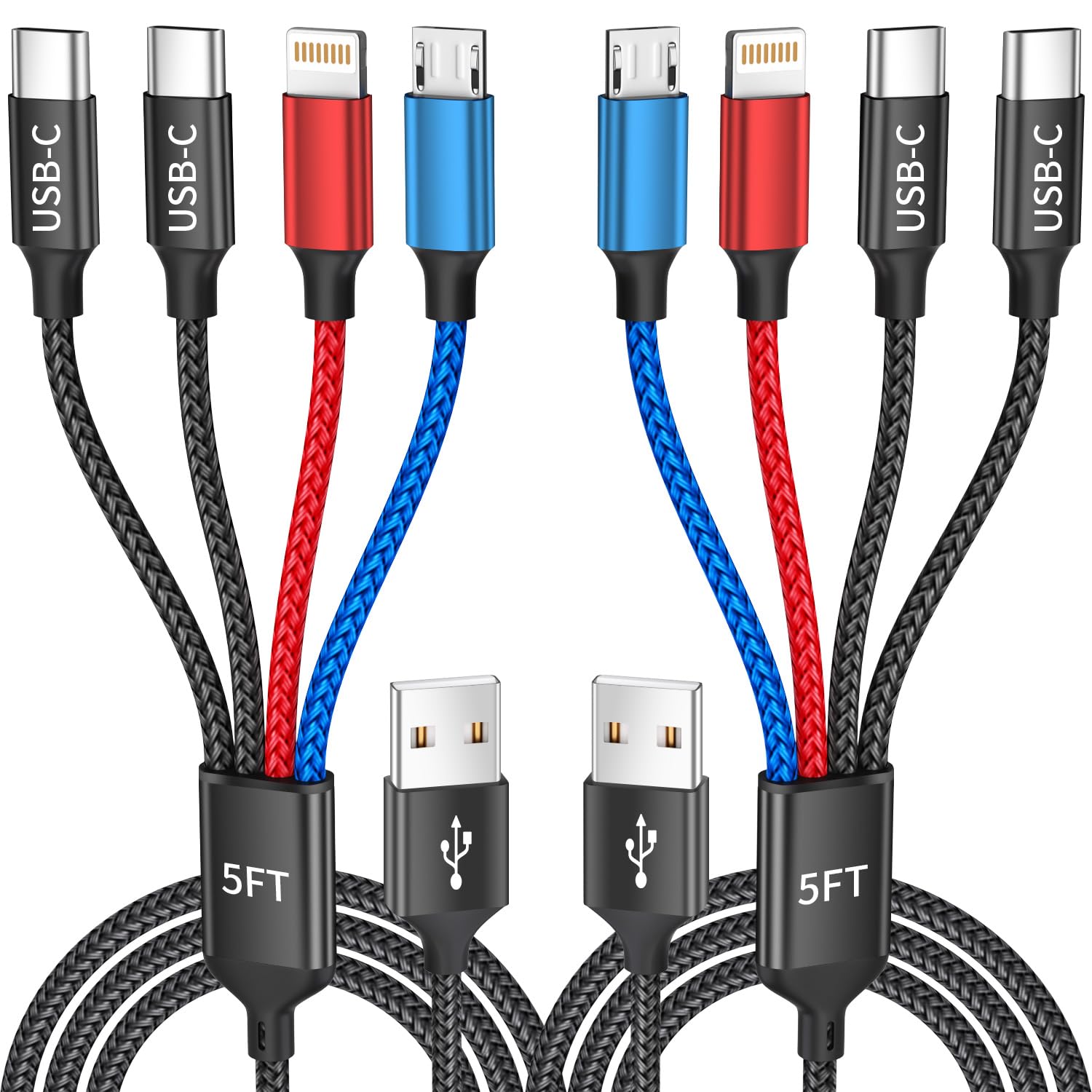 Dual Type-C 4 in 1 Multi Charging Cable for Multiple Devices with 2 USB-C/Lightning/Micro Port, USB Cable iPhone Charger Cord, Travel Charger for iPhone17-8, Android iPad, Stocking Stuffers - 2Pcs 5FT