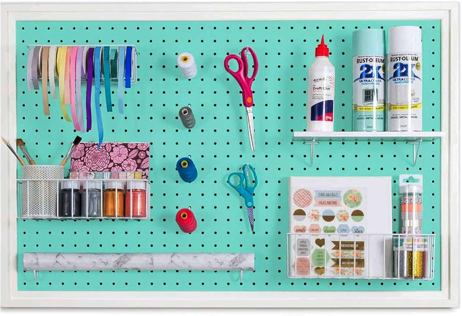 ARTAWEIN Pegboard Organizer - Craft Peg Board, Nursery Storage, Wall Organizer and More, Comes with 1 x Free Shelf Fits Most 1/4" and 1/8" Pegboard Accessories (Mint Green)