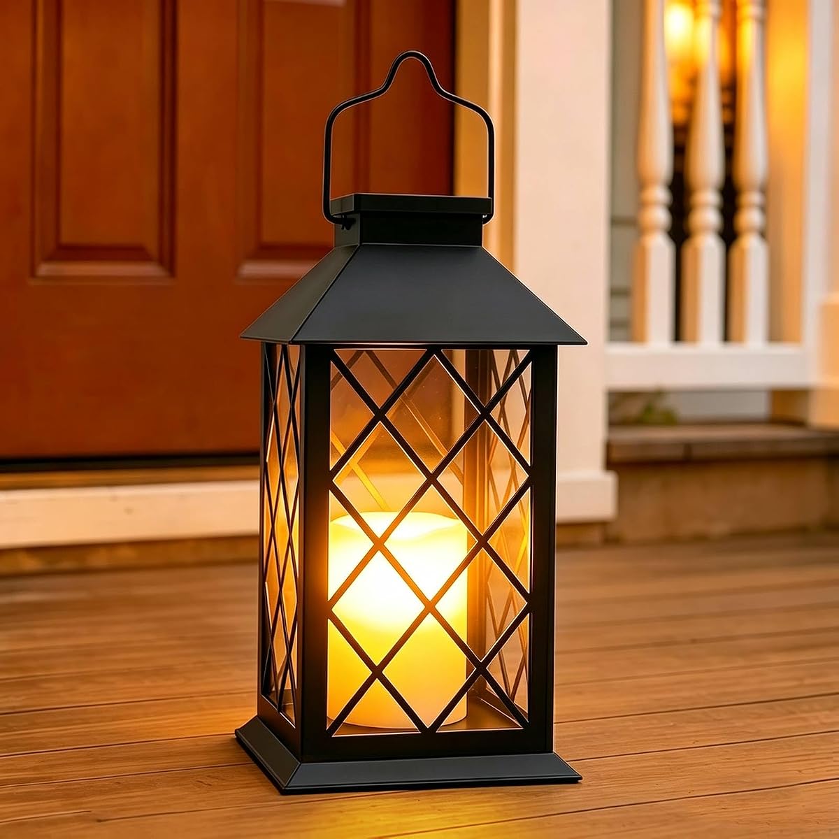 Black Outdoor Solar Lanterns, 14'' Large Solar Lanterns Outdoor Waterproof | Tempered Glass Outdoor Lanterns with Flameless Candles, Solar Hanging Lantern Decorative for Patio Porch Garden Table Outside