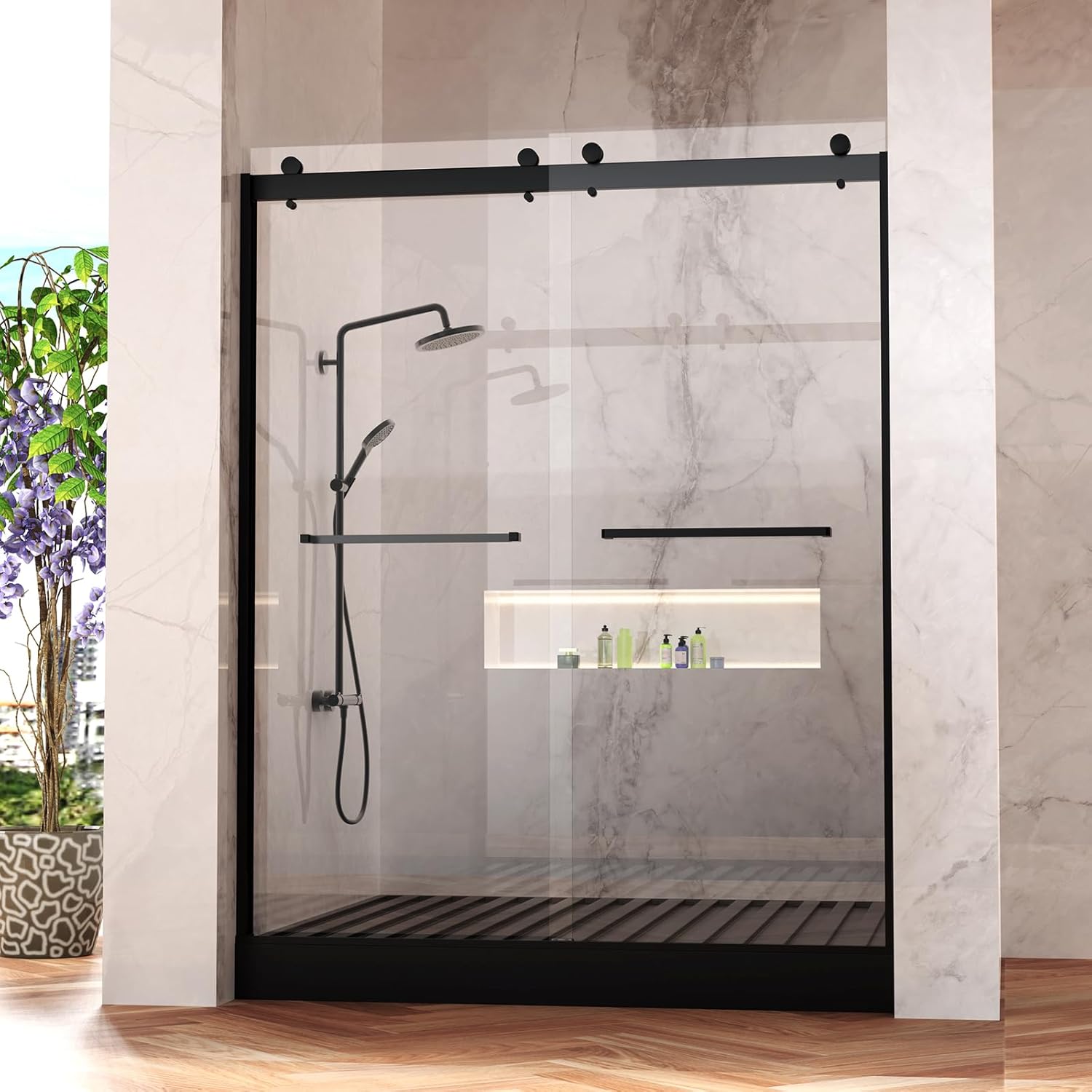 Frameless Shower Door, 5/16" (8mm) Clear Tempered Glass Shower Door, 56-60" W x 74" H, Quiet Soft-Close, Reversible Installation, SGCC Certified (Matte Black-Double Sliding Style A, 60" W x 74" H)