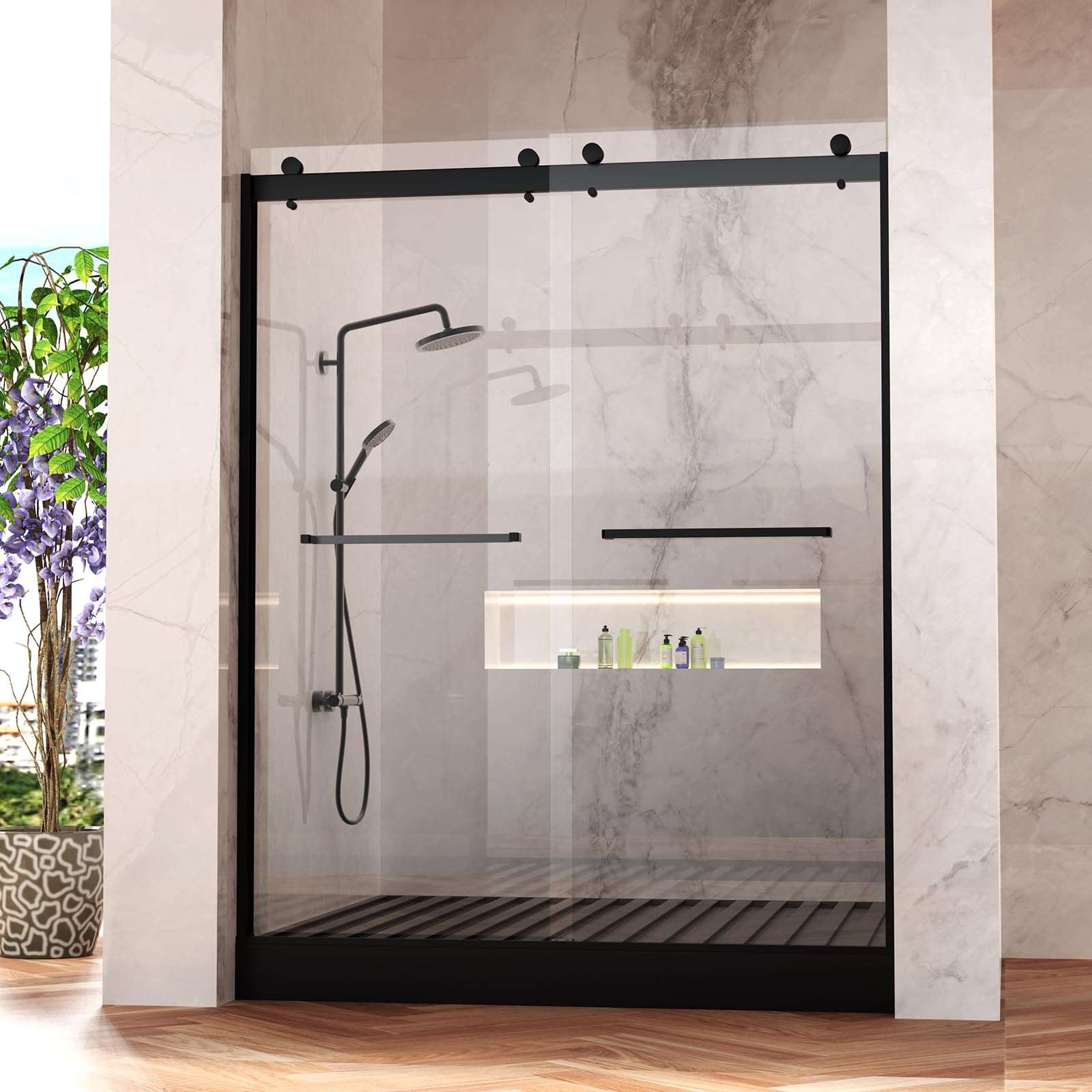Photo 1 of Frameless Shower Door, 5/16" (8mm) Clear Tempered Glass Shower Door, 56-60" W x 74" H, Quiet Soft-Close, Reversible Installation, SGCC Certified (Matte Black-Double Sliding Style A, 60" W x 74" H)