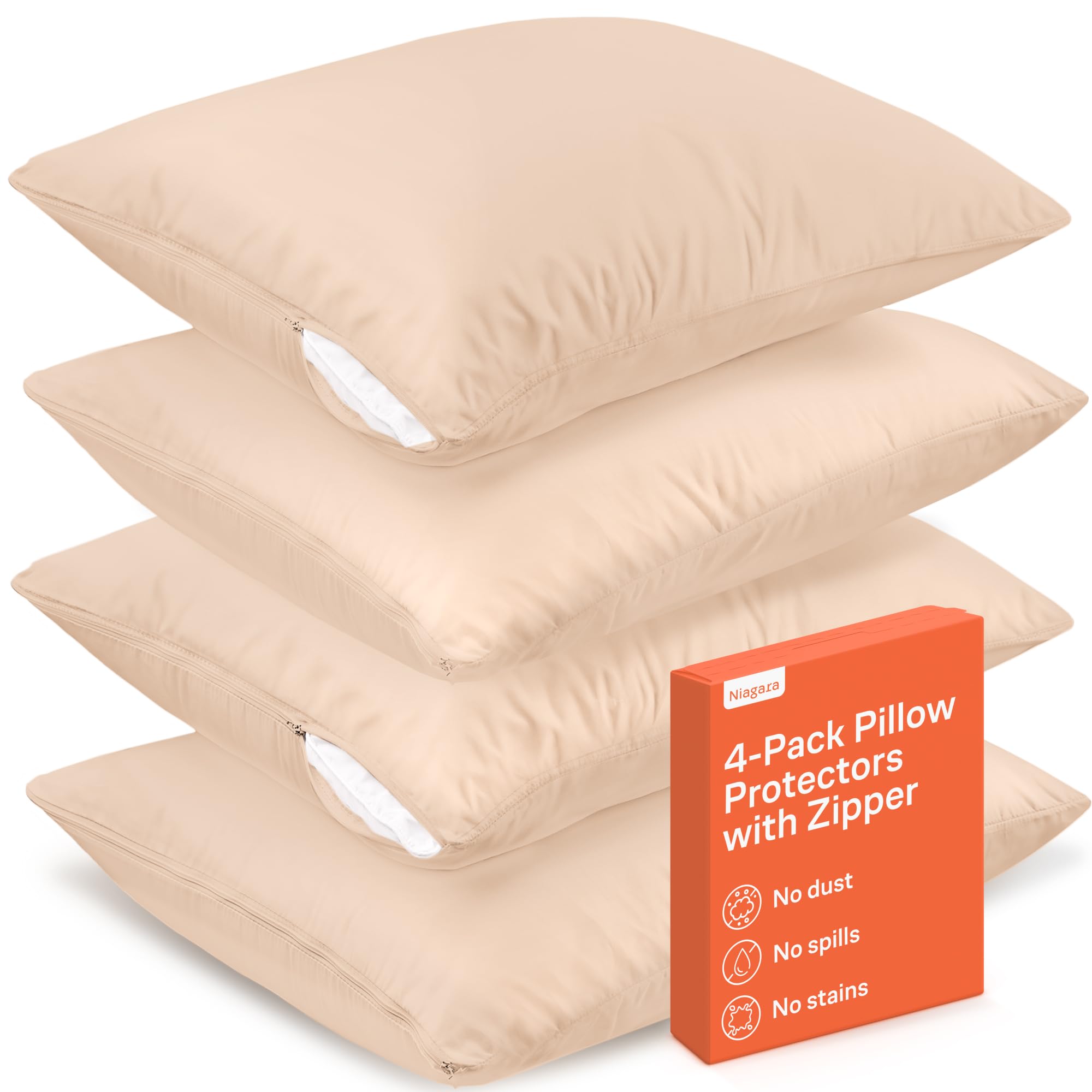 Niagara 4 Pack of Pillow Protectors with Zipper, Queen Size, Effective Dust Protection, Quiet, Stay in Place Pillow Covers, Breathable Case for Pillow Lifespan Extention (20x30 Inches, Beige)