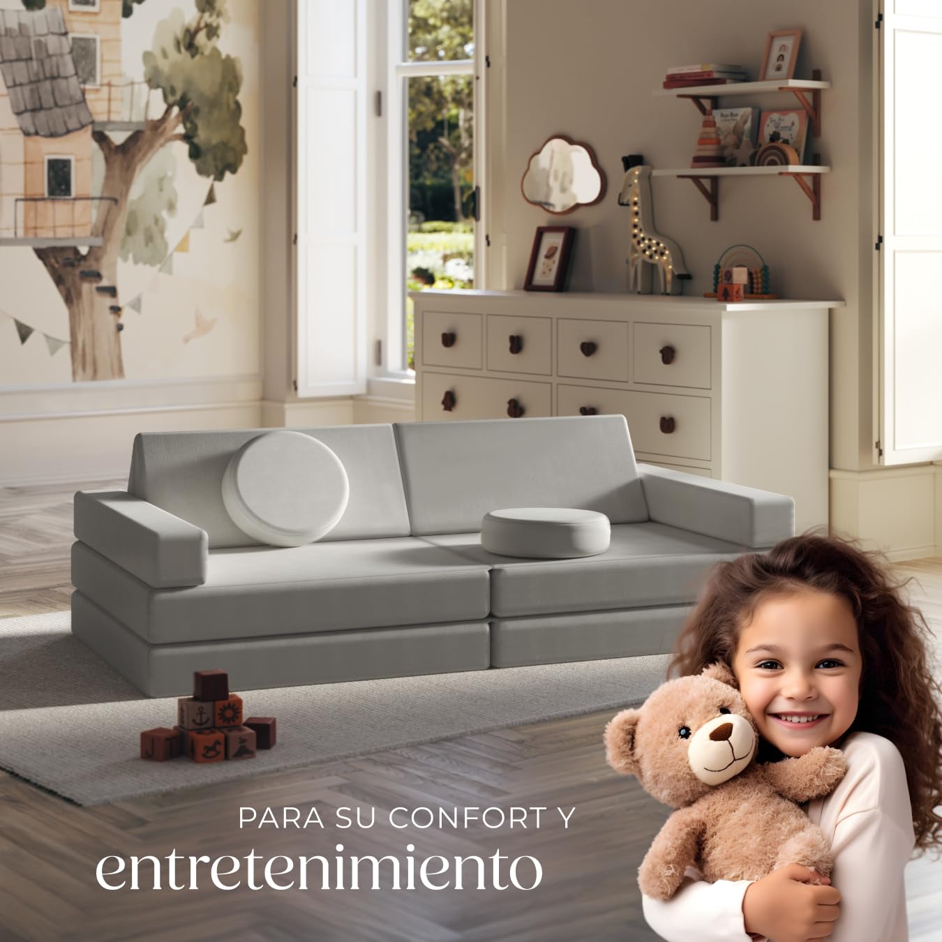 tectake® sofá Modular, 8 Piezas, apilable, Sillon Infantil con Fundas Desmontables, sofá Cama Plegable, Acolchado Grueso, Cama Infantil Plegable, sillón Cama - 120 cm Gris